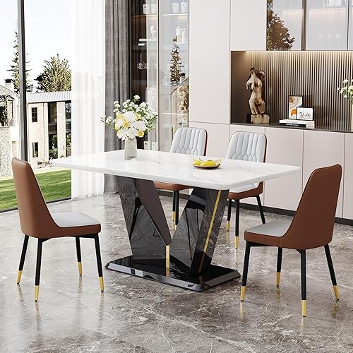 Miniatura 25 de Sillas de Comedor Modernas 6 - Juego de mesa de comedor de mármol para 6, 7 piezas, color blanco, juego de mesa de cocina de mármol de 63 pulgadas