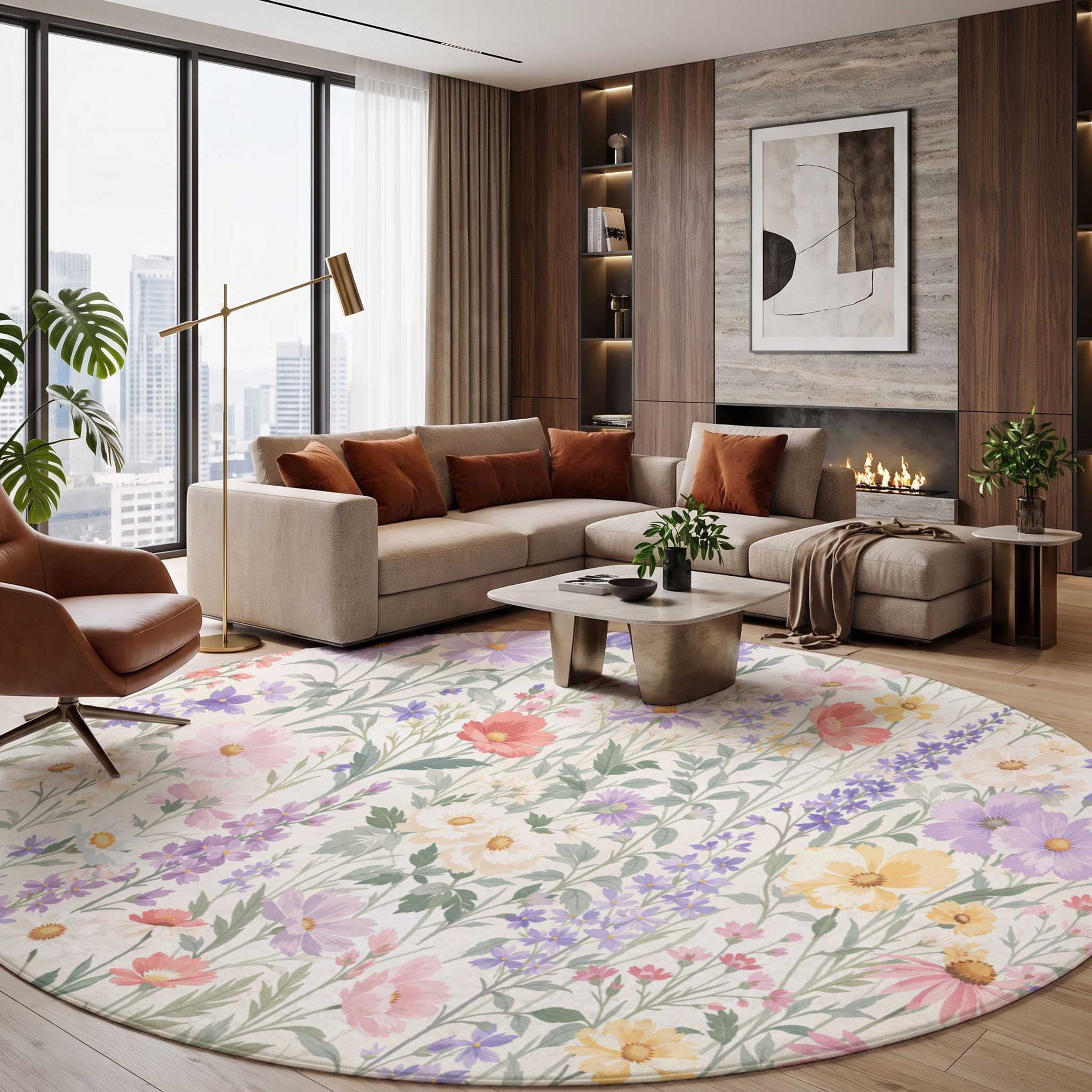 Tapis Rond Lavable Cosmos Delphinium 100cm | Tapis Fleurs Rustiques Fraîches Antidérapants Salon Lavable en Machine pour pour Salle à Manger, Entrée, Cuisine, Violet Clair