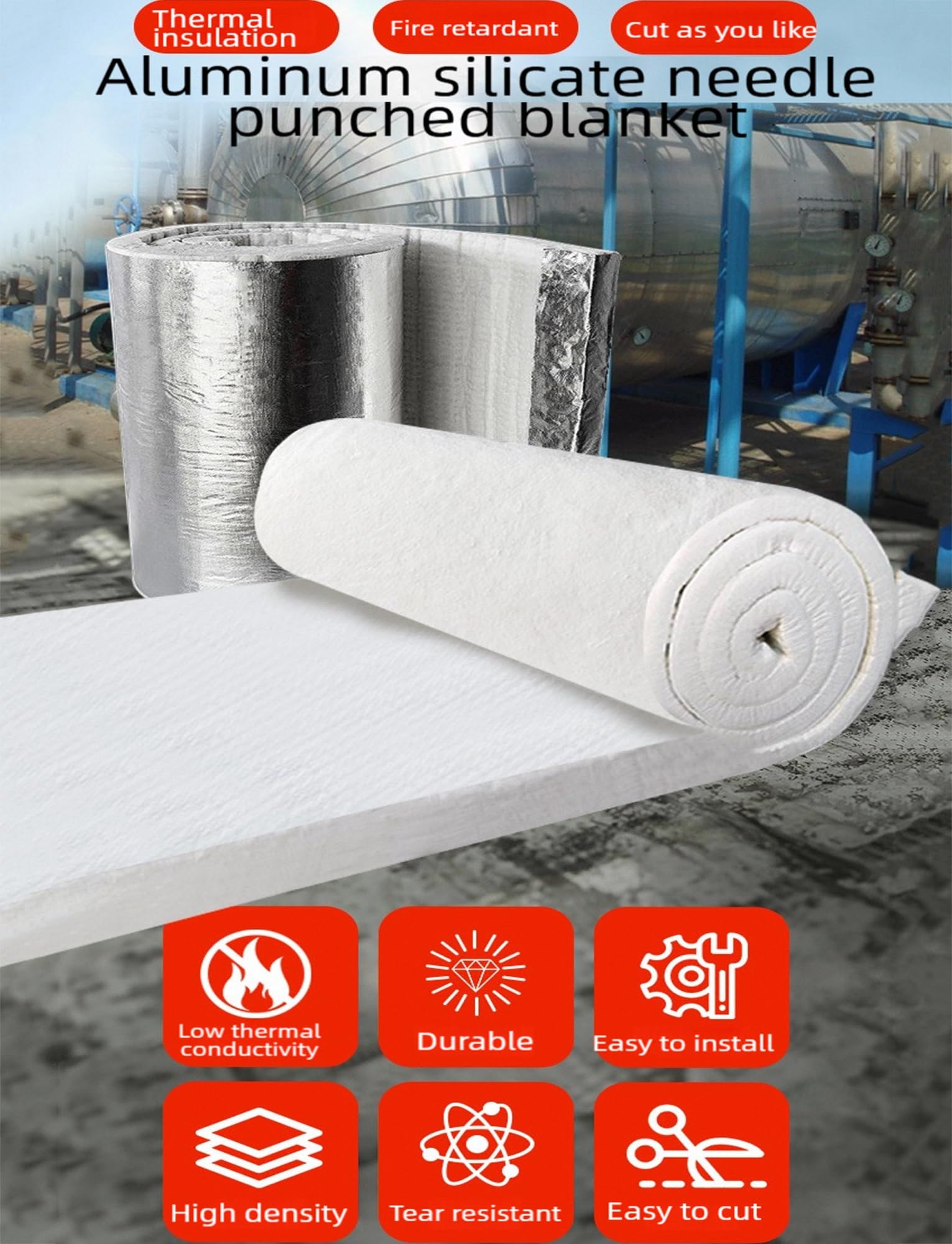 Manta de fibra cerámica de alta temperatura 2600 °F, rollo aislante resistente al calor for hornos, estufas y forjas, con revestimiento de aluminio en una cara.(5/61x360cm)