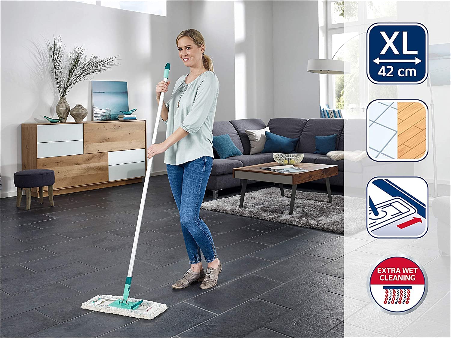 Leifheit rückenschonender Bodenwischer Profi XL Micro Duo inkl. Ersatzbezug Micro Duo aus Mikrofaser, Wischer für Fliesen und Steinböden mit großer Wischbreite, 360° Drehgelenk und Click-System