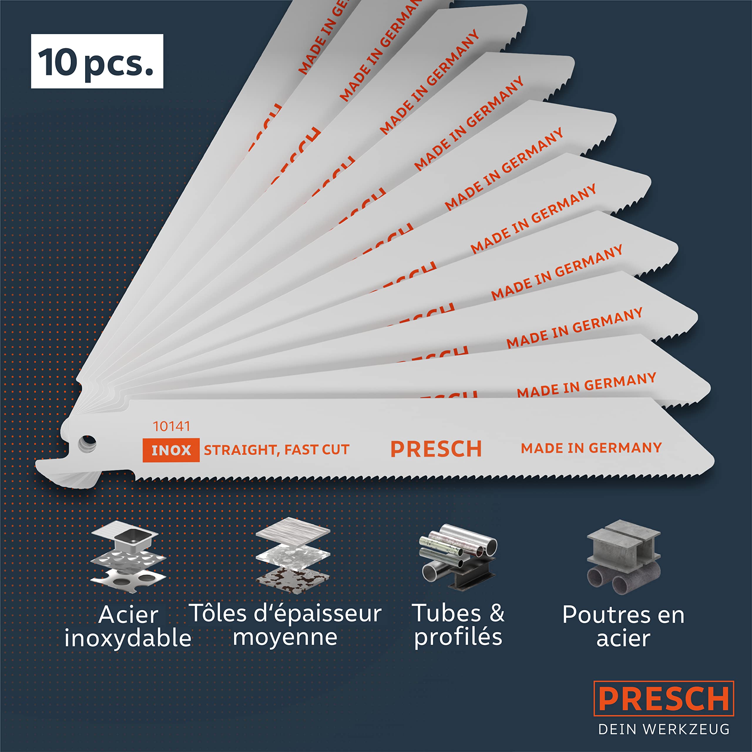 Presch Lames scie sabre pour le métal et l'inox 10 pièces (2-8mm) - Lames au cobalt à 8% pour l'acier inoxydable - Kit de lames de scie électrique avec boîte