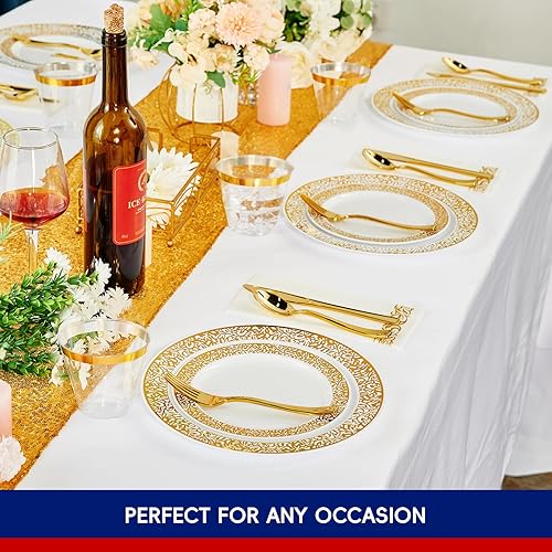 Miniatura 6 de Vajilla de plástico dorado de 210 unidades, platos desechables dorados, incluye 30 platos de cena y 30 platos de postre y 30 tazas y 30 servilletas