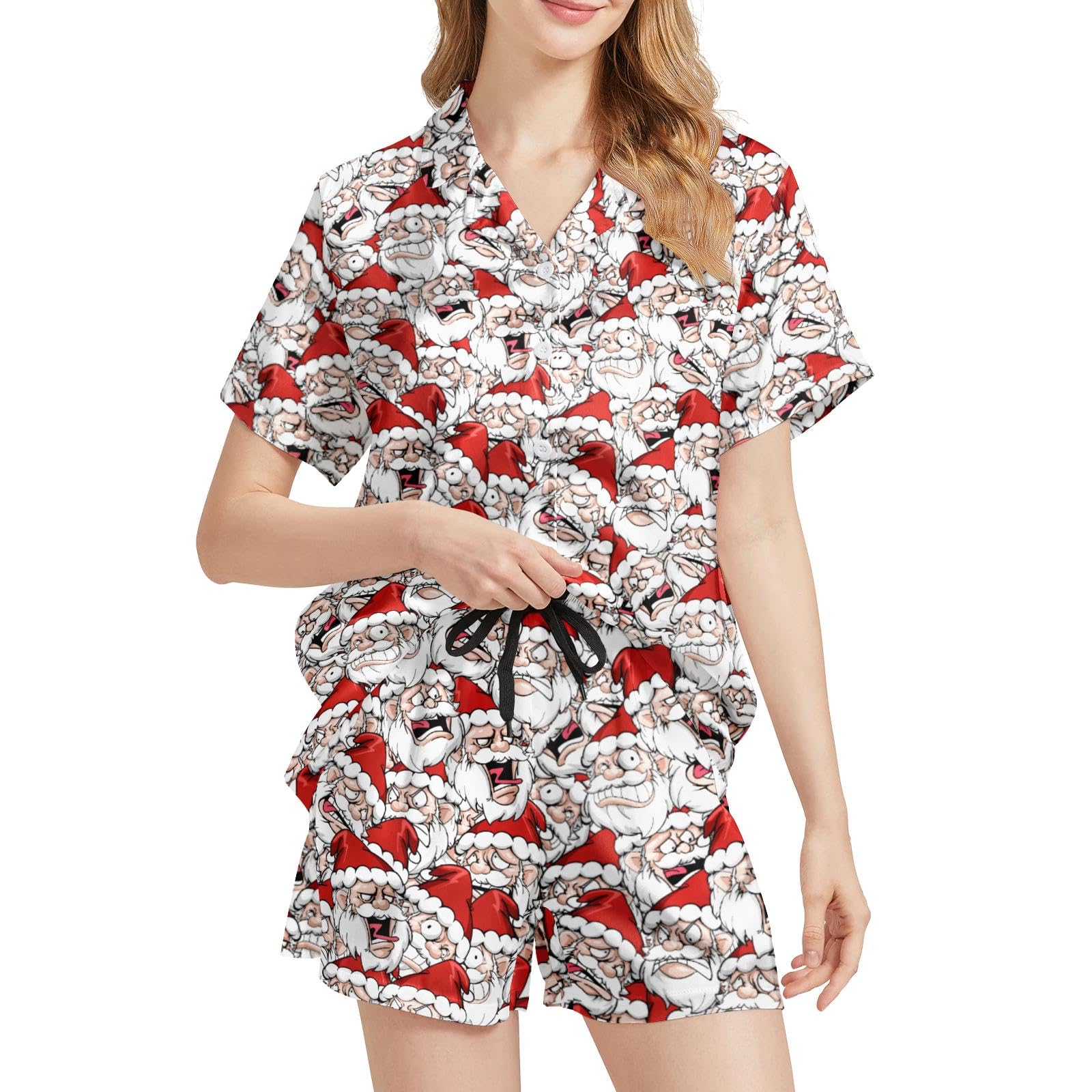 Funny Pajamas for Women Set Print Satin Loungewear Pjs Short Sleeve Button Down Top and Shorts Sets Sleepwear XS-3XL