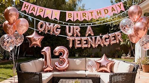 OMG UR A - Globos de cumpleaños número 13 globos de látex con confeti para niñas fiesta de cumpleaños de 13 años cumpleaños de 12 pulgadas oro rosa