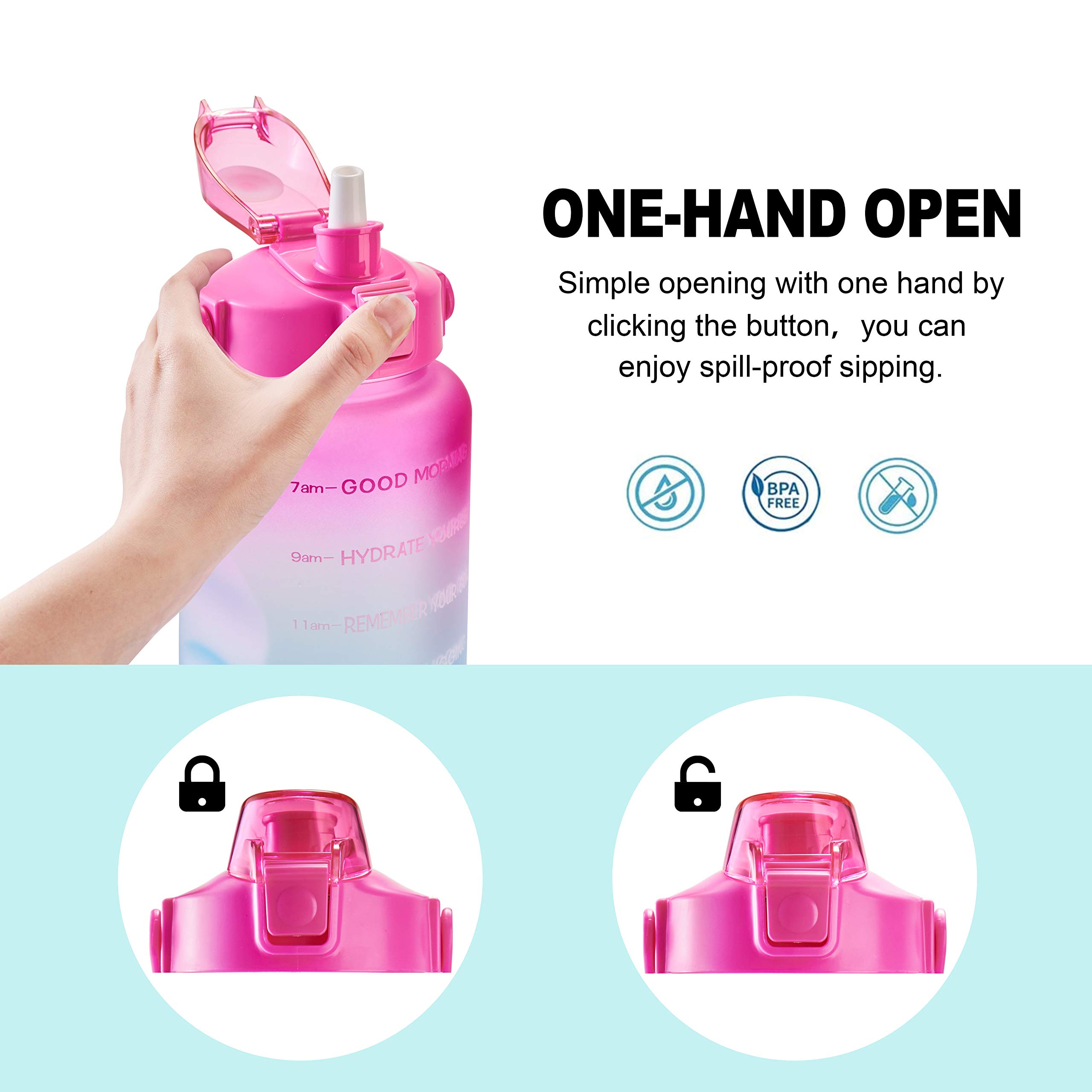 Gourde Bouteille d'eau potable étanche de 1,8 l avec marqueur de temps motivant, sans BPA, pour le fitness, la gym et les sports de plein air (dégradé rose/vert)