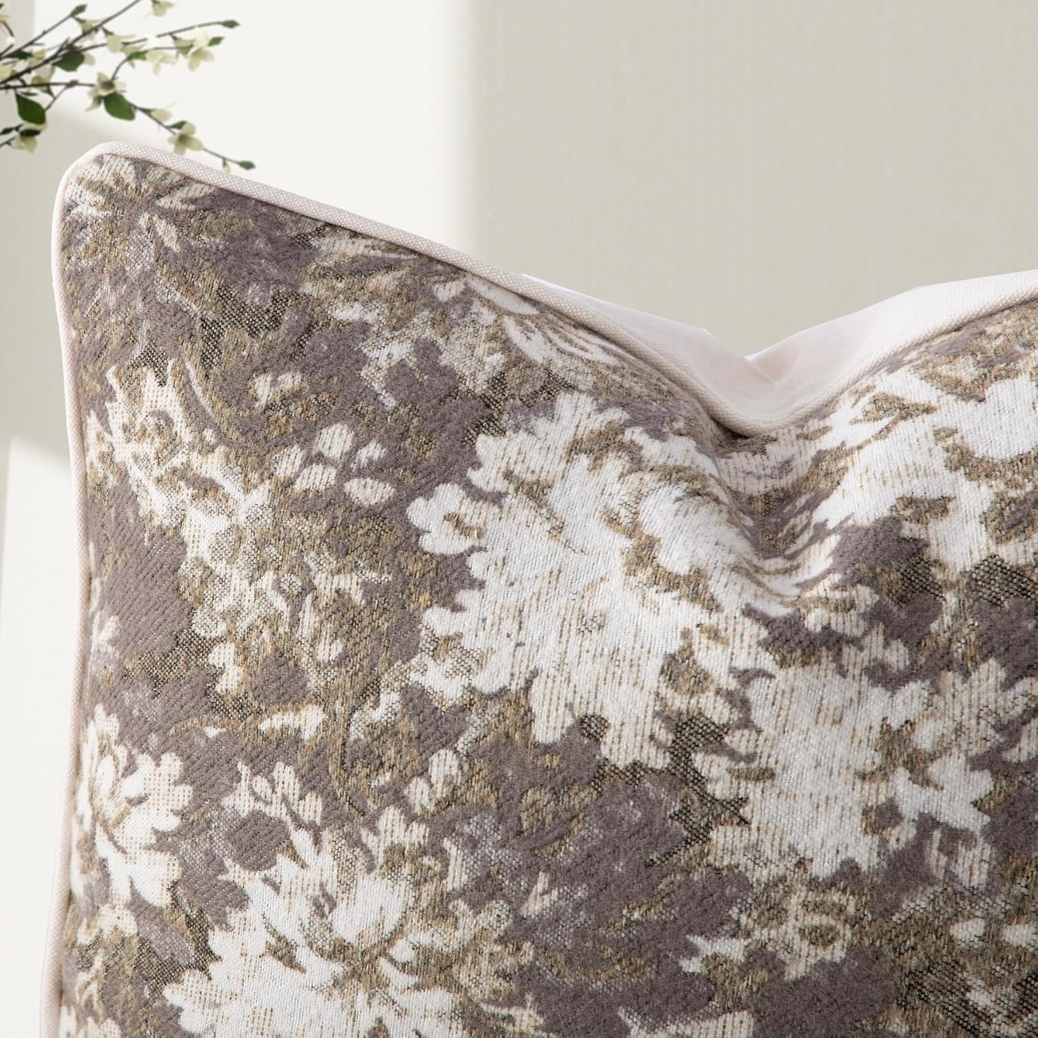 Pack of 2 Vintage Floral Throw Pillow Covers 18x18 Tapestry Chenille Soft Decorative Farmhouse Square Accent Pillow Cases for Couch Bedroom Living Room Home Decor, Beige image 3