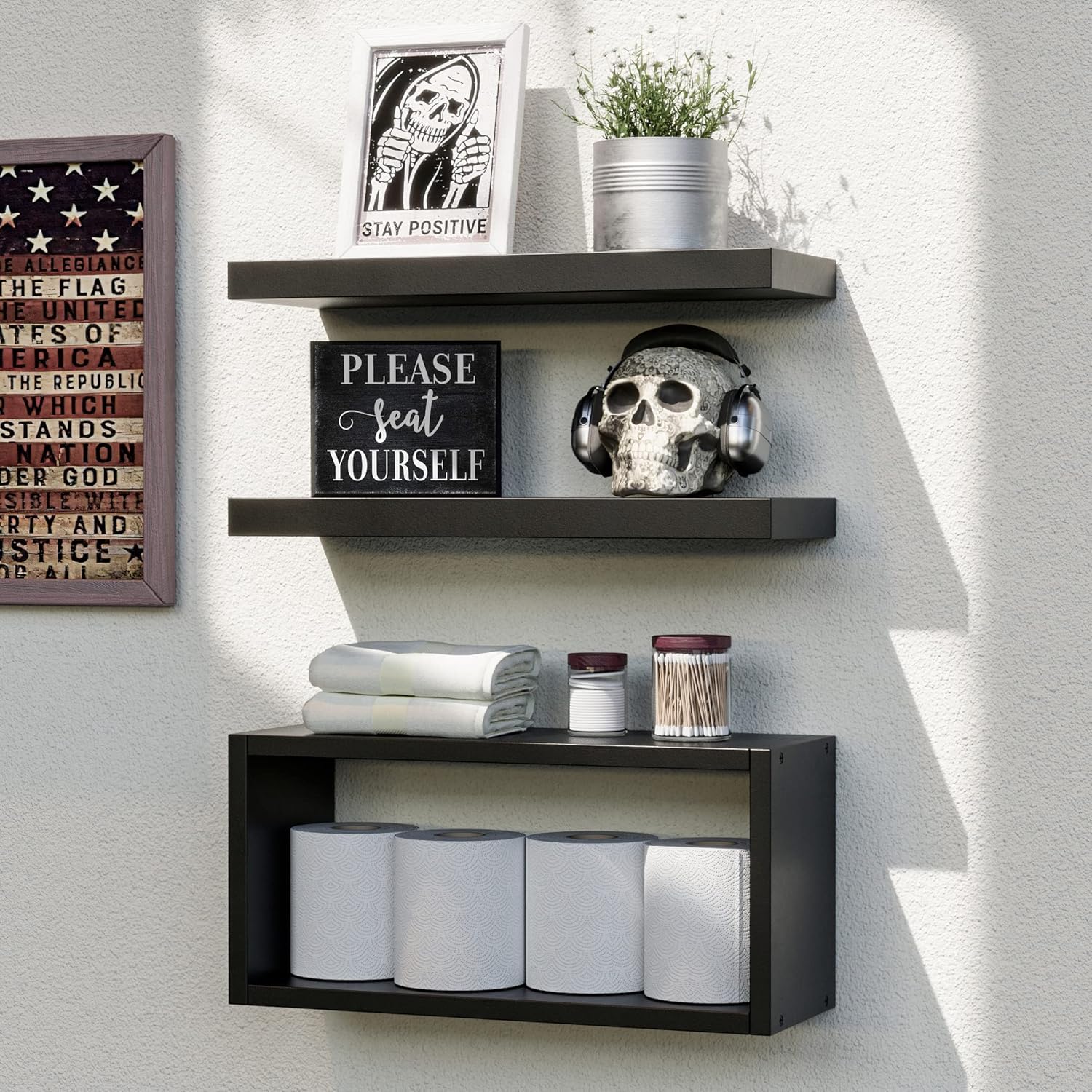 Photo 1 of RICHER HOUSE Black Floating Shelves Set of 3, Modern Bathroom Shelves Wall Mounted Shelves for Wall Decor, Over Toilet Black Wall Shelves for Bathroom Bedroom, Living Room, Kitchen