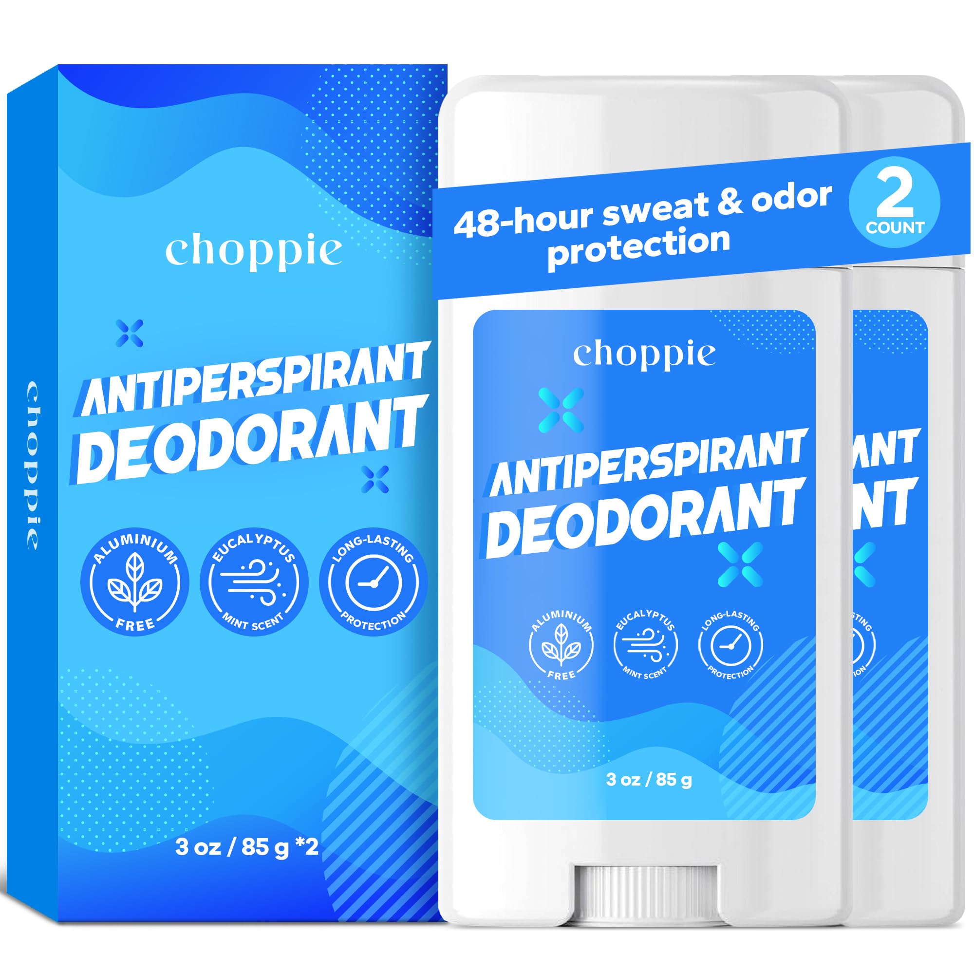 Choppie Antiperspirant Deodorant for Men (2 Pack), Powerful Aluminum-Free Formula, All-Natural Eucalyptus Mint Scent, Long-Lasting Protection, All-Day Freshness