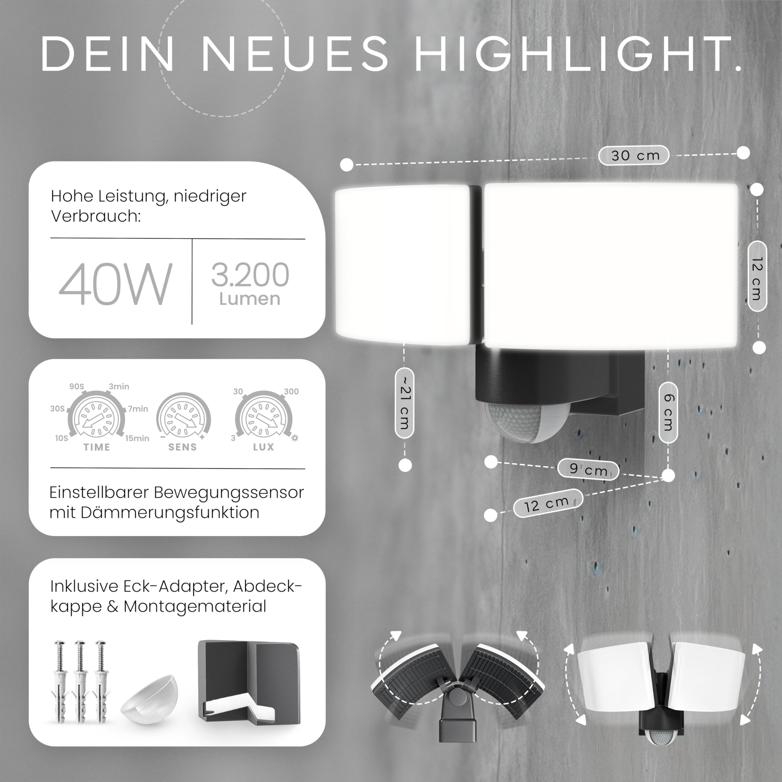 MATO® Doppel LED Strahler mit Bewegungsmelder Außen - 40W Wand Außenleuchte mit Bewegungsmelder - 3000K, IP65, Anthrazit - Aussenlampe mit Bewegungsmelder, Außenstrahler, Wandstrahler, Wandleuchte