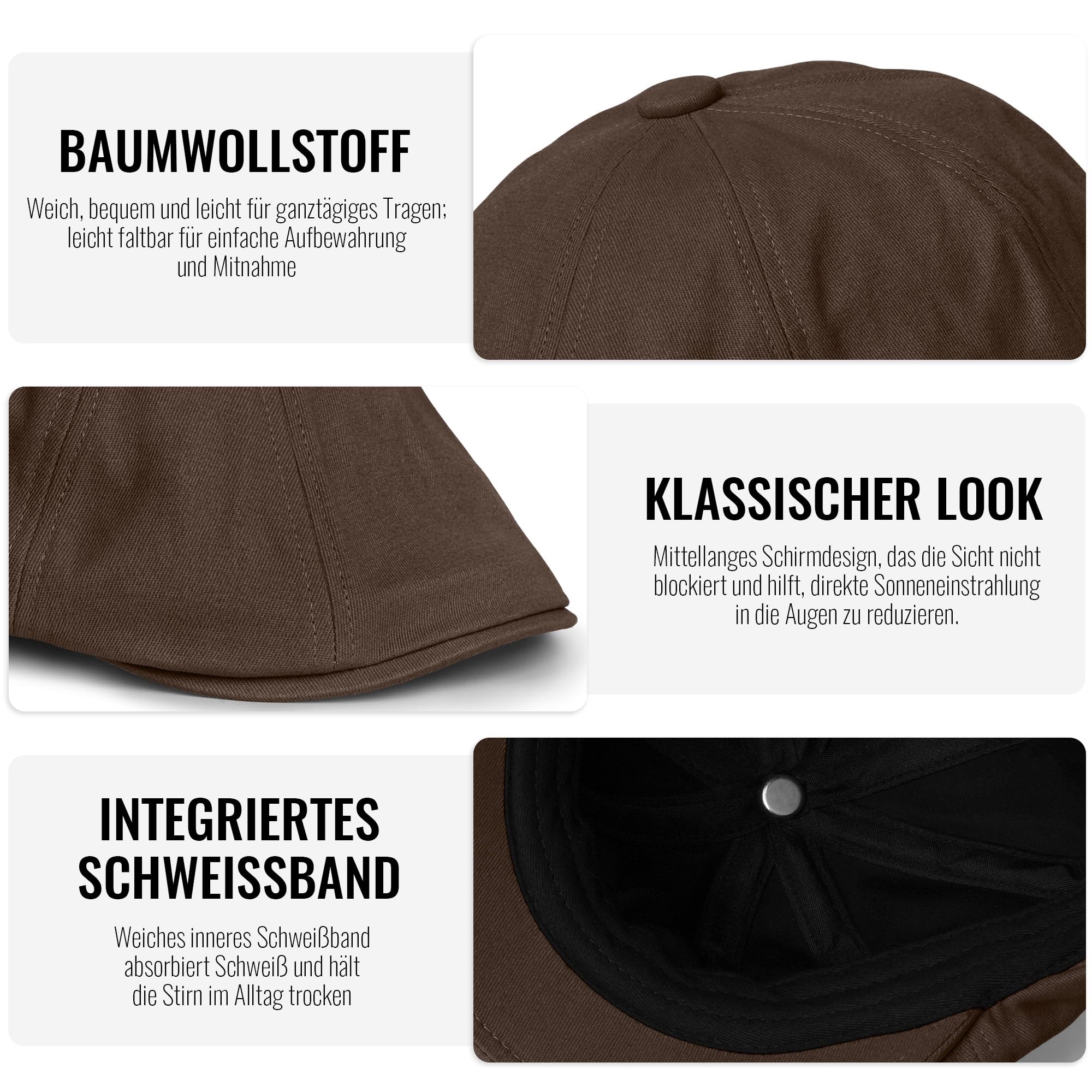 CLAPE Schiebermütze Baumwolle Unisex Flat Cap Vintage 8 Panel Newsboy Cap Baskenmütze Outdoor Reisen