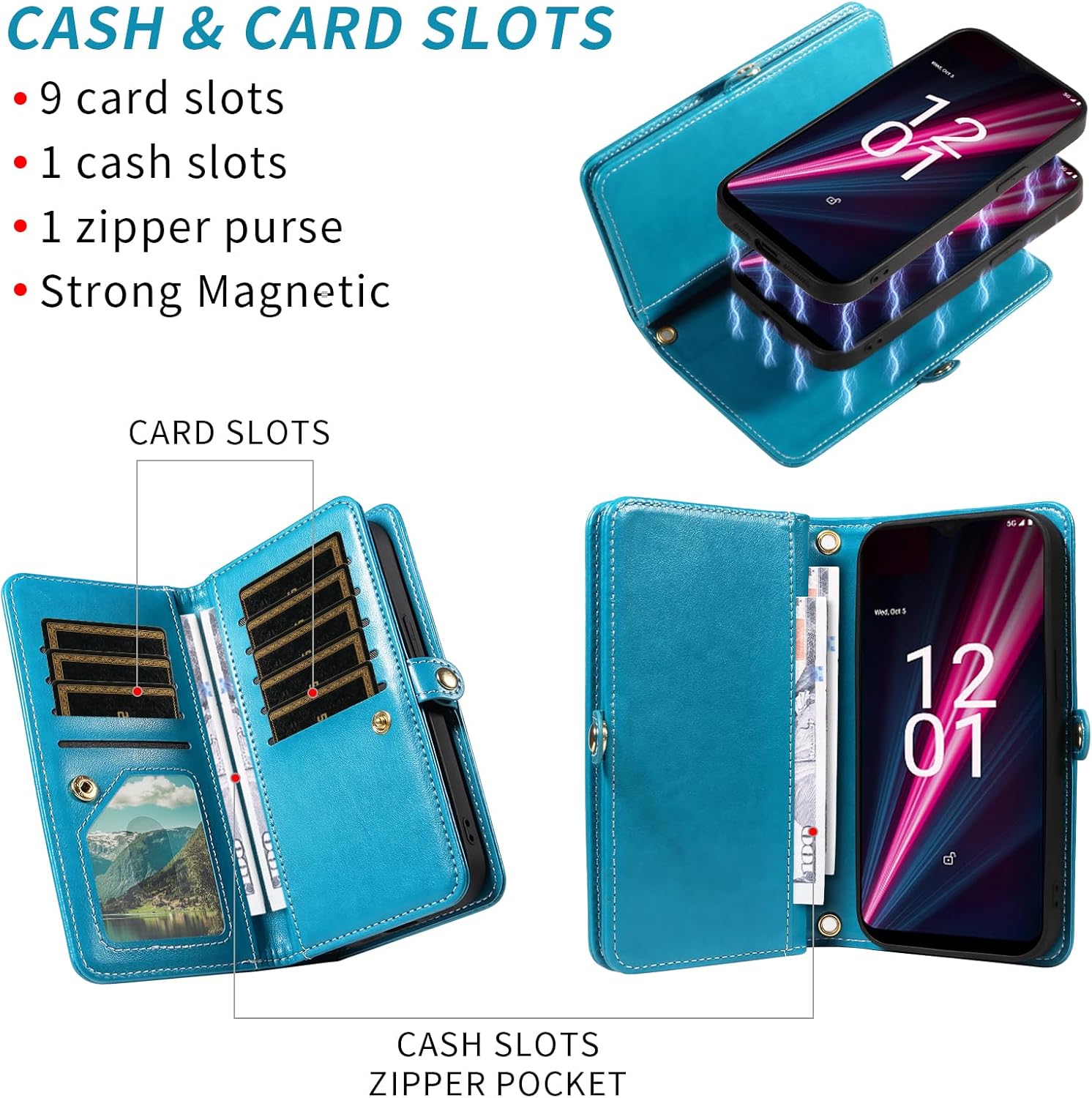 Asuwish Phone Case for T-Mobile Revvl 6 Pro/6X Pro 5G Zipper Wallet Cell Cover with Tempered Glass Screen Protector Strap Flower Card Holder Tmobile Revel X Tmo Revell T Mobile Rebel TCL Women Blue