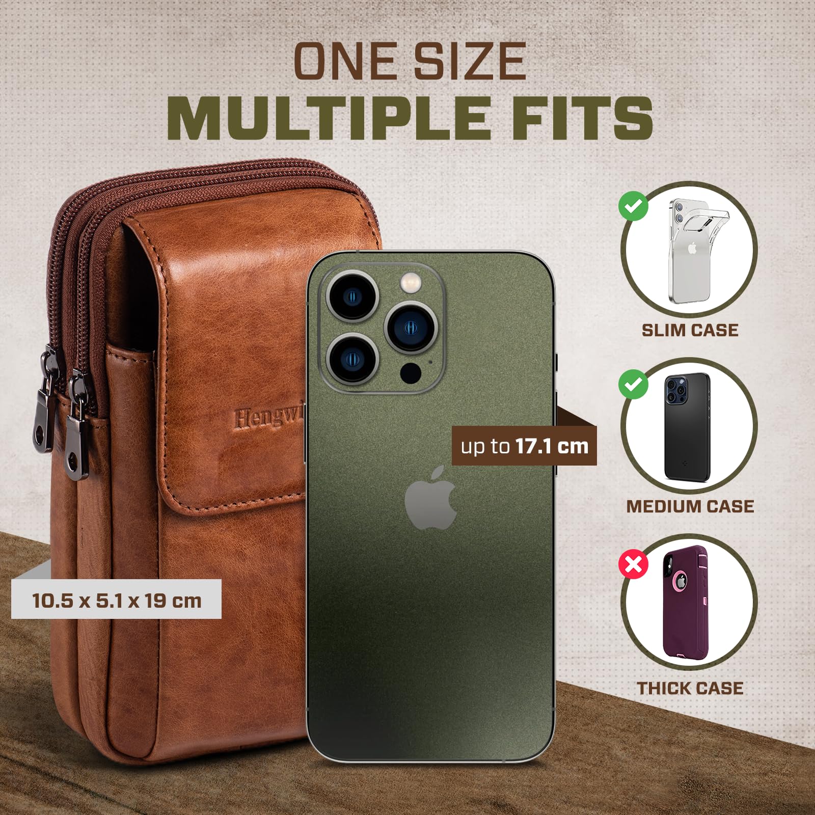 Multifunktionale Echtleder Doppel Reißverschluss Taschen Männer Vintage Look Umhängetasche Handy Gürtel Tasche Telefon Holster für Reisen, Outdoor Aktivitäten