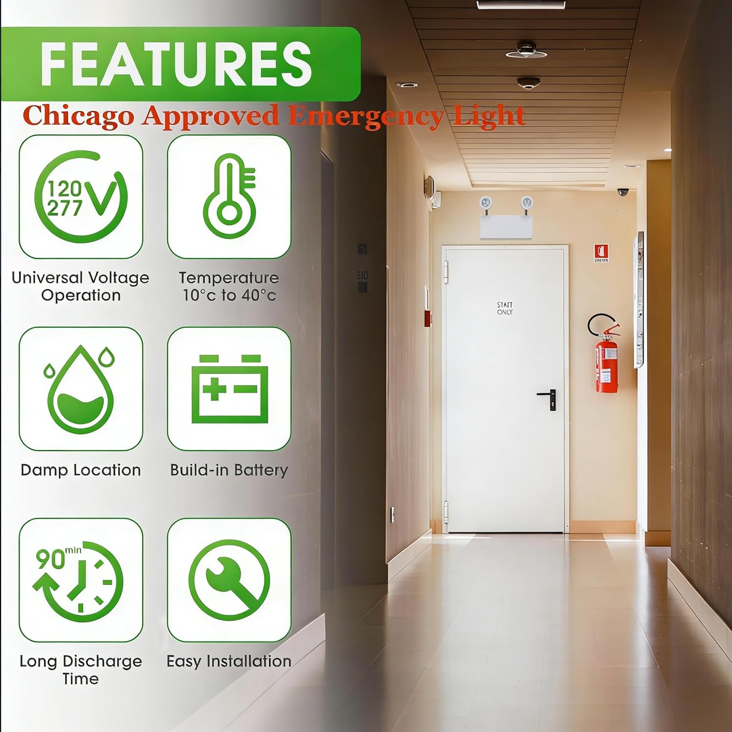 Chicago Approved LED Emergency Light, White housing, Dual Rotational LED Emergency Light with Backup Battery, Commercial Grade, Fire Resistant, Wall Mount, 20-Gauge Steel Housing,UL