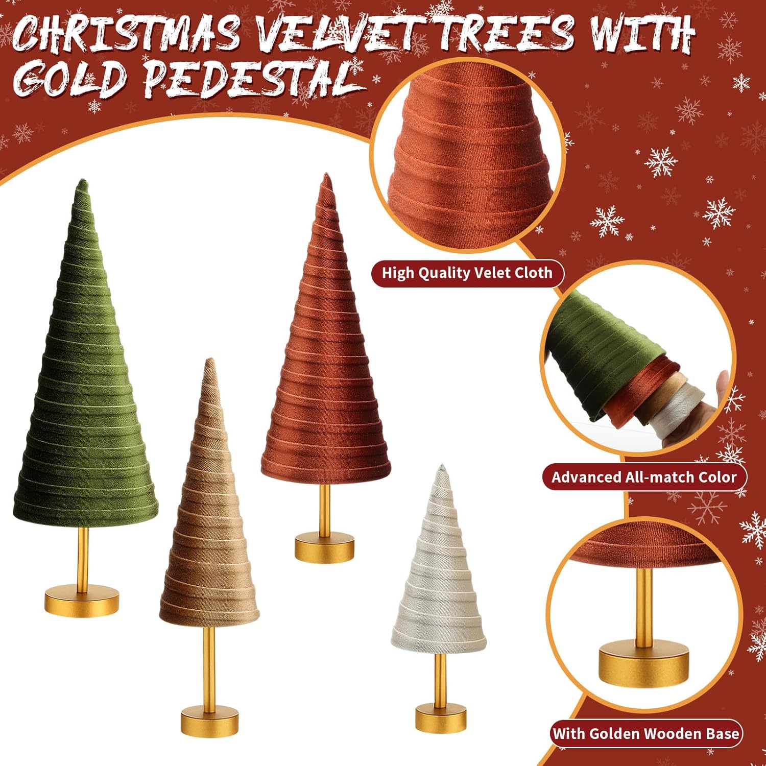 Hoolerry 4 Pcs Christmas Velvet Trees with Gold Pedestal Modern Rustic Christmas Velvet Cone Trees Minimalist for Mantel Table Centerpiece Entryway Home Winter Holiday Wedding Decor(Vintage Green)
