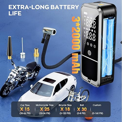 Miniatura 4 de Inflador de neumáticos, compresor de aire portátil, bomba de aire portátil con presión de medidor de neumáticos y bomba de aire de luz LED para