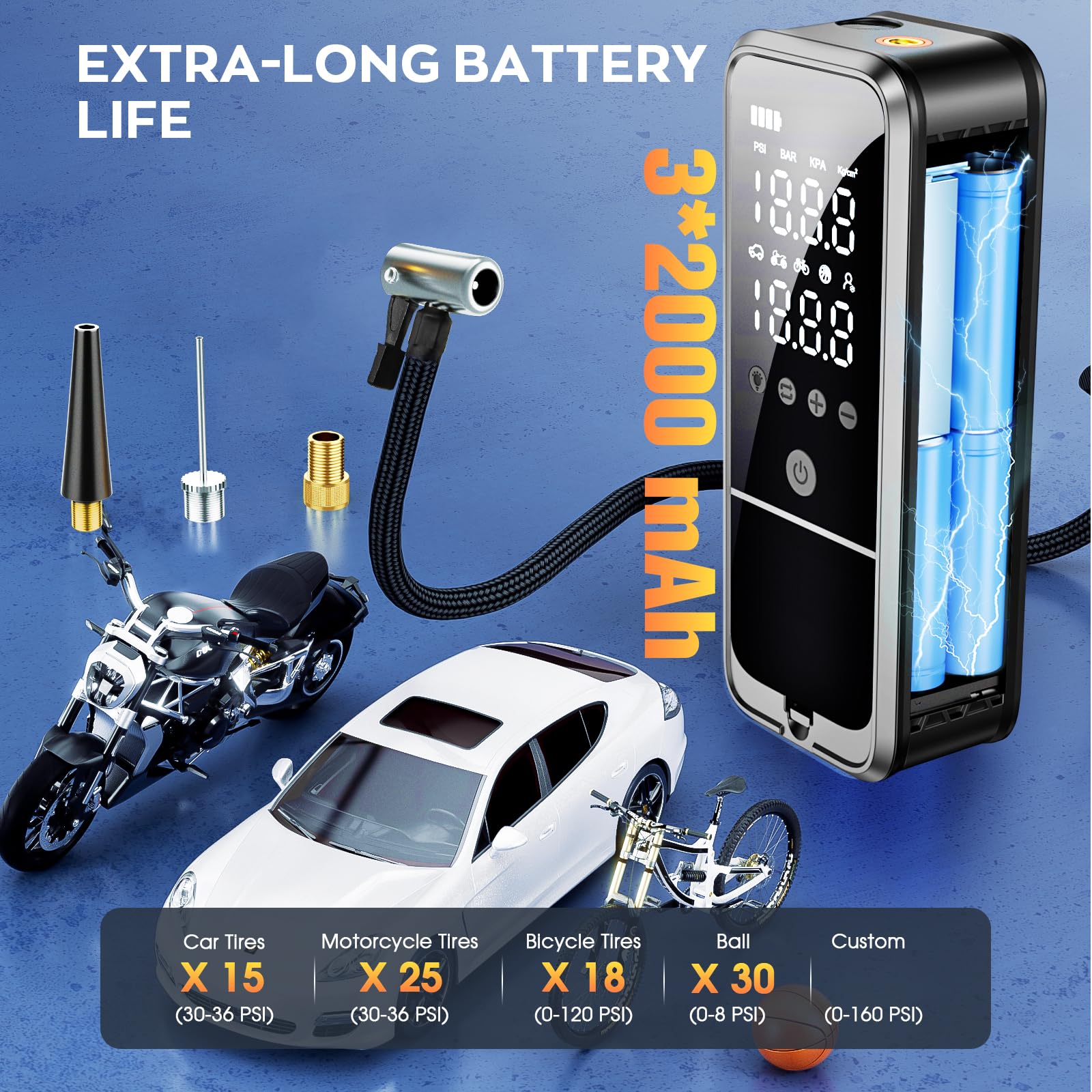 Tire Inflator Portable Air Compressor Portable Air Pump with Tire Gauge Pressure LED Light Air Pump for Car — view 4