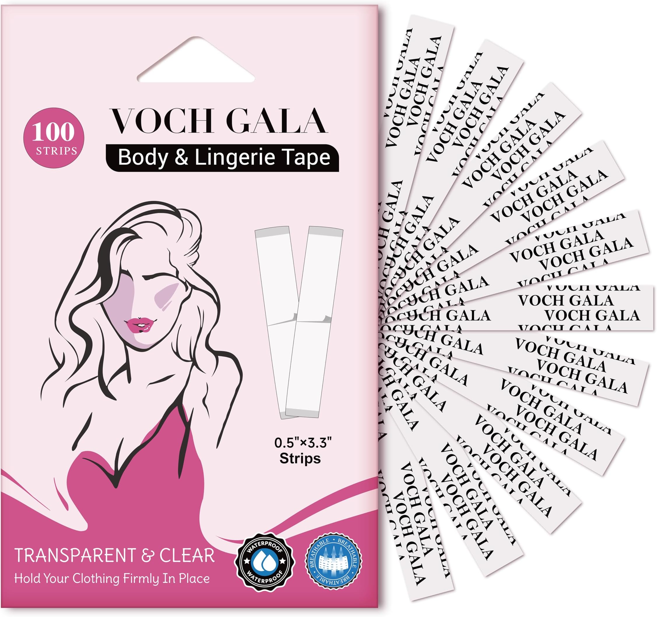 VOCH GALA Double Sided Tape for Clothes & Body (100 Strips) – Clear Fashion Garment Tape for Dresses | Medical‑Grade Adhesive, Hypoallergenic Body Tape for Sensitive Skin | All Day Hold