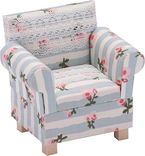 Miniatura 2 de Silla de sofá de casa de muñecas con otomana y almohada silla en miniatura para muebles de casa de muñecas patrón de flores escala 112