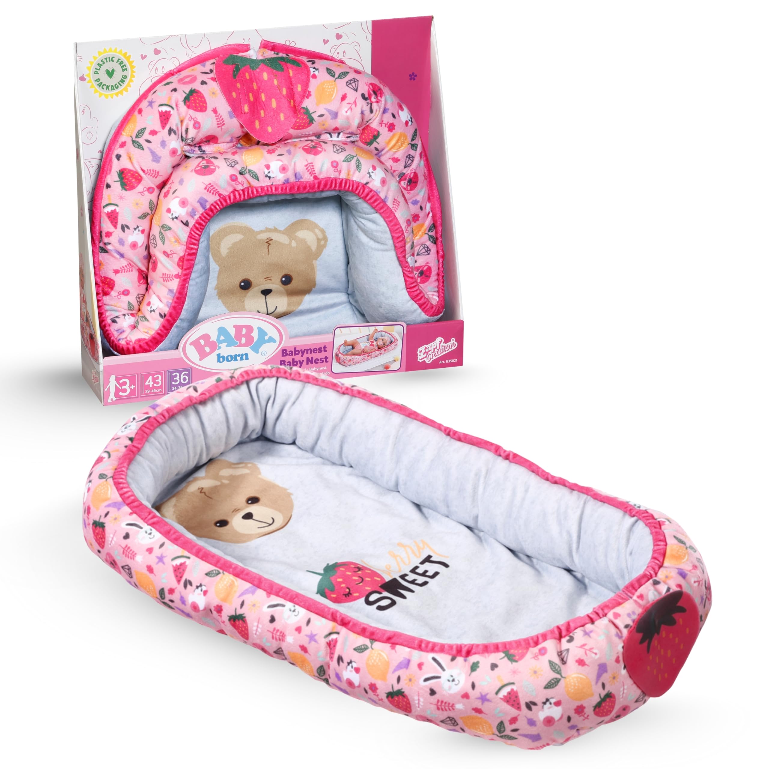 BABY born Baby Nest - Reversible Baby Nest with Soft Padded Edges for Dolls up to 43cm - Features Berry and Bear Design - Great for Sofa, Floor, and Nursery - Suitable for Children from 3 Years