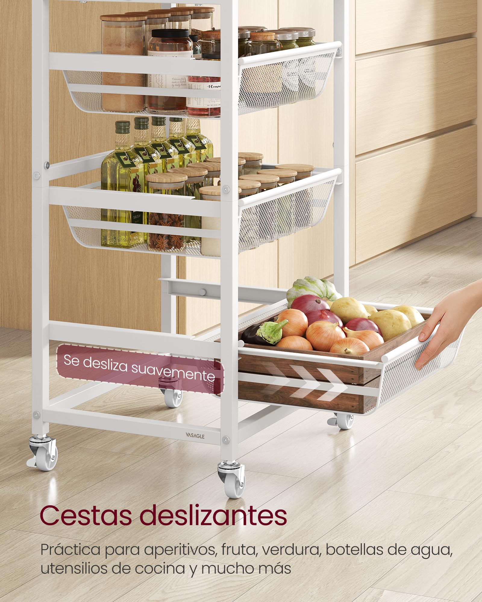 VASAGLE Carrito de Almacenaje de 5 Niveles, con Cestas Extraíbles, Estante de Cocina con Ruedas y Asa, 31,7 x 40 x 95 cm, Roble Dorado y Blanco Mate LRC041YA01