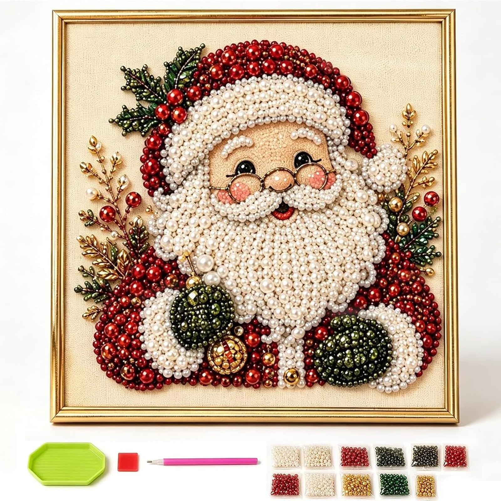 DIY Christmas Pearl Diamond Painting Art Kit with Frame, Premium 3D Pearl Christmas Wall Art Kit, Handmade Flocked Canvas Pearls Art Set, 3D Beads Art Craft Set for Adults Beginners (#A)