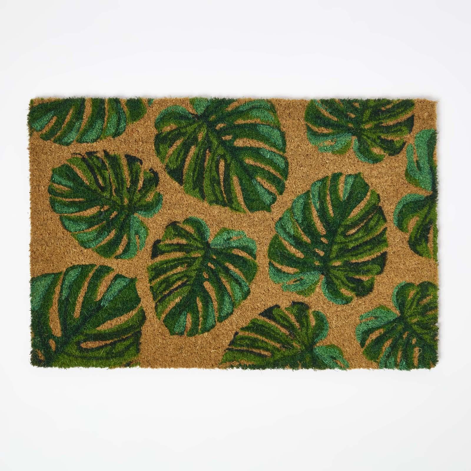 HOMESCAPES Tropical Green Leaves Coir Doormat, 40 x 60cm, Natural Door Mat with Rubber Backing, Non-Slip Welcome Entrance Mat for Indoor/Outdoor Use
