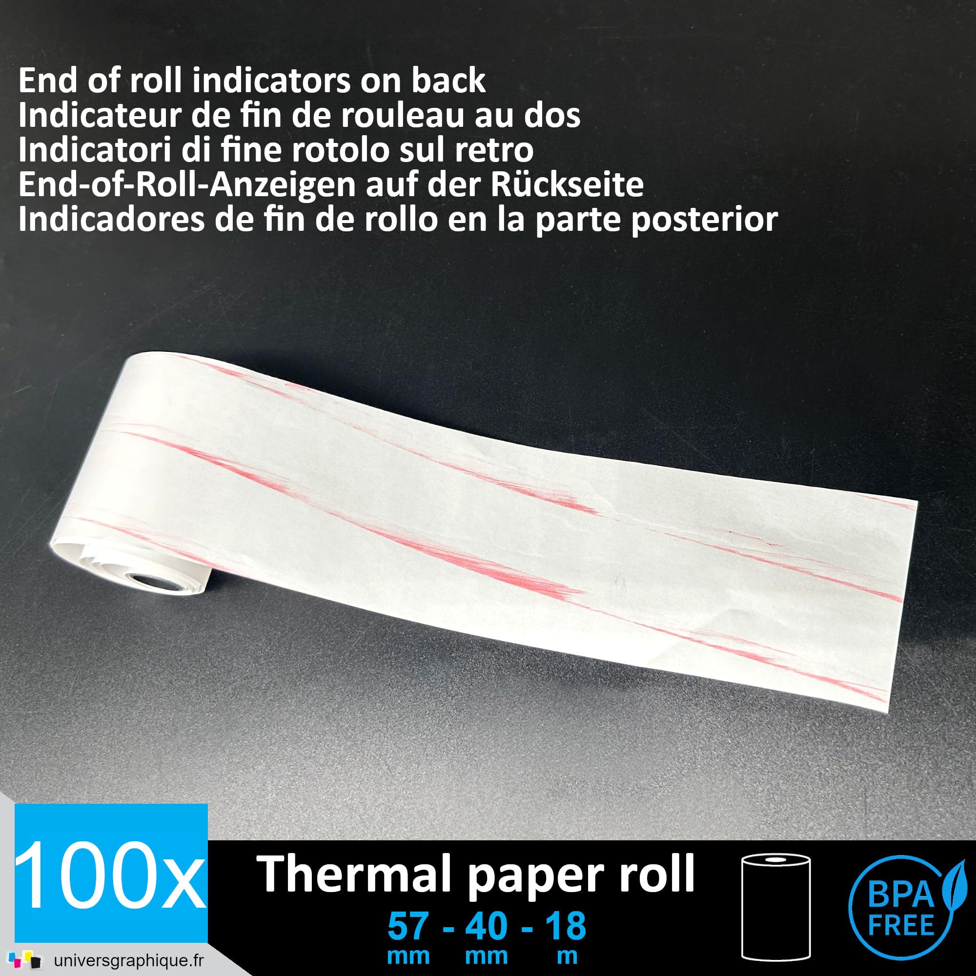 UniversGraphique 100 Rotoli di Carta Termica per Stampare Scontrini, 57mm x 40mm, Carta Bianca di Alta Qualità senza BPA