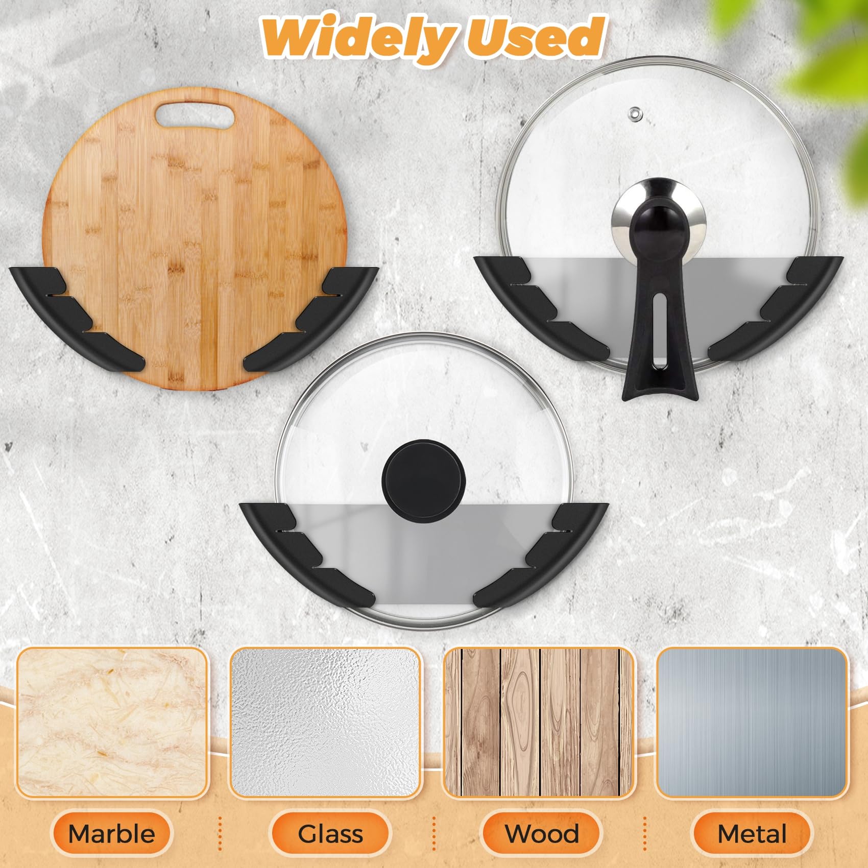 6 tapas de pared para ollas, soporte autoadhesivo para tapa de cocina para puerta de armario, se adapta a ollas y sartenes de 6 a 13 pulgadas, solución de almacenamiento que ahorra espacio (negro)