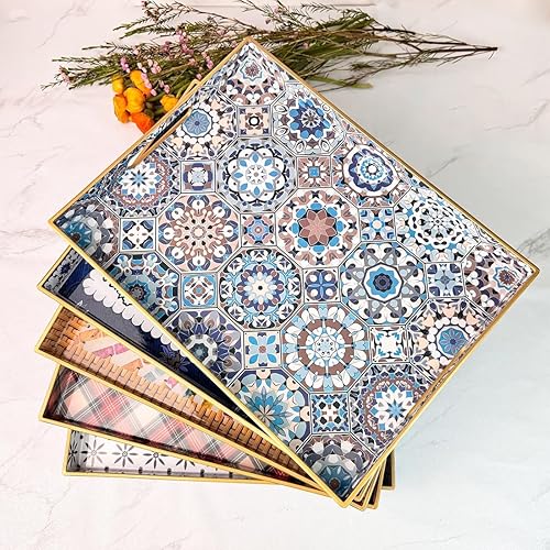 Miniatura 62 de Bandeja decorativa bohemia, moderna bandeja azul para servir con asas, juego de 2 bandejas otomanas, bandeja de plástico para mesa auxiliar