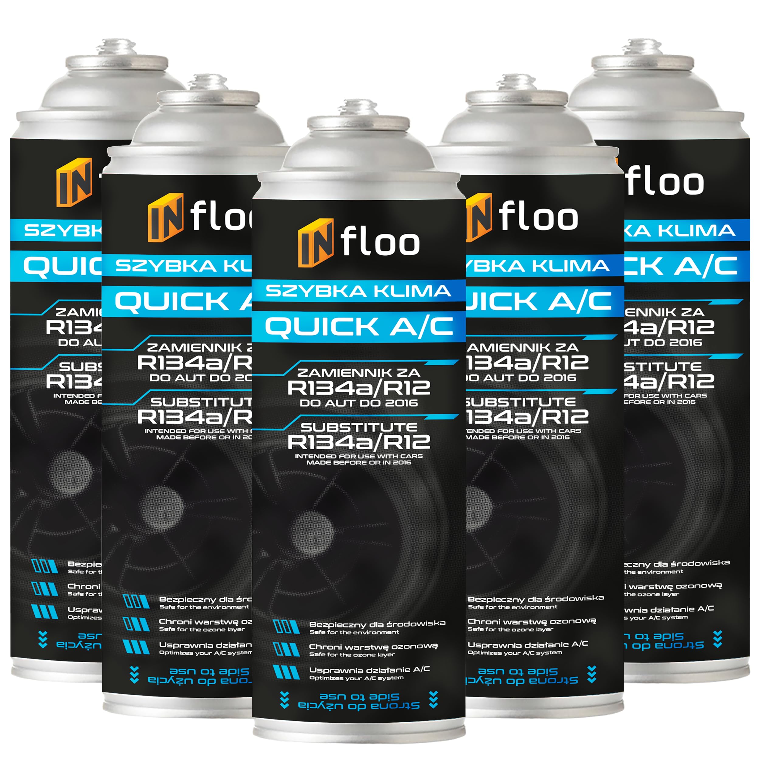 INfloo 5x Quick A/C R134a – Refrigerante 5x185g (1,73 L) + Guantes | Para vehículos hasta 2016 | Sustituto de R134a | Aire acondicionado de coche
