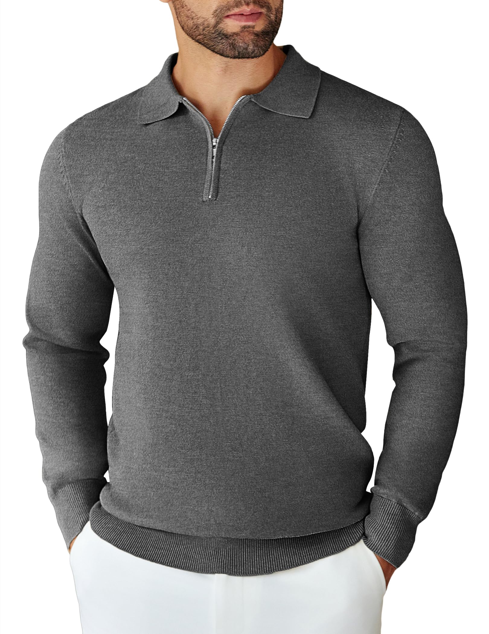 COOFANDY Herren Strickpullover Polokragen Half Zip Pullover mit Reißverschluss Einfarbig Polo Sweater Winter Warm Langarm für Business Freizeit