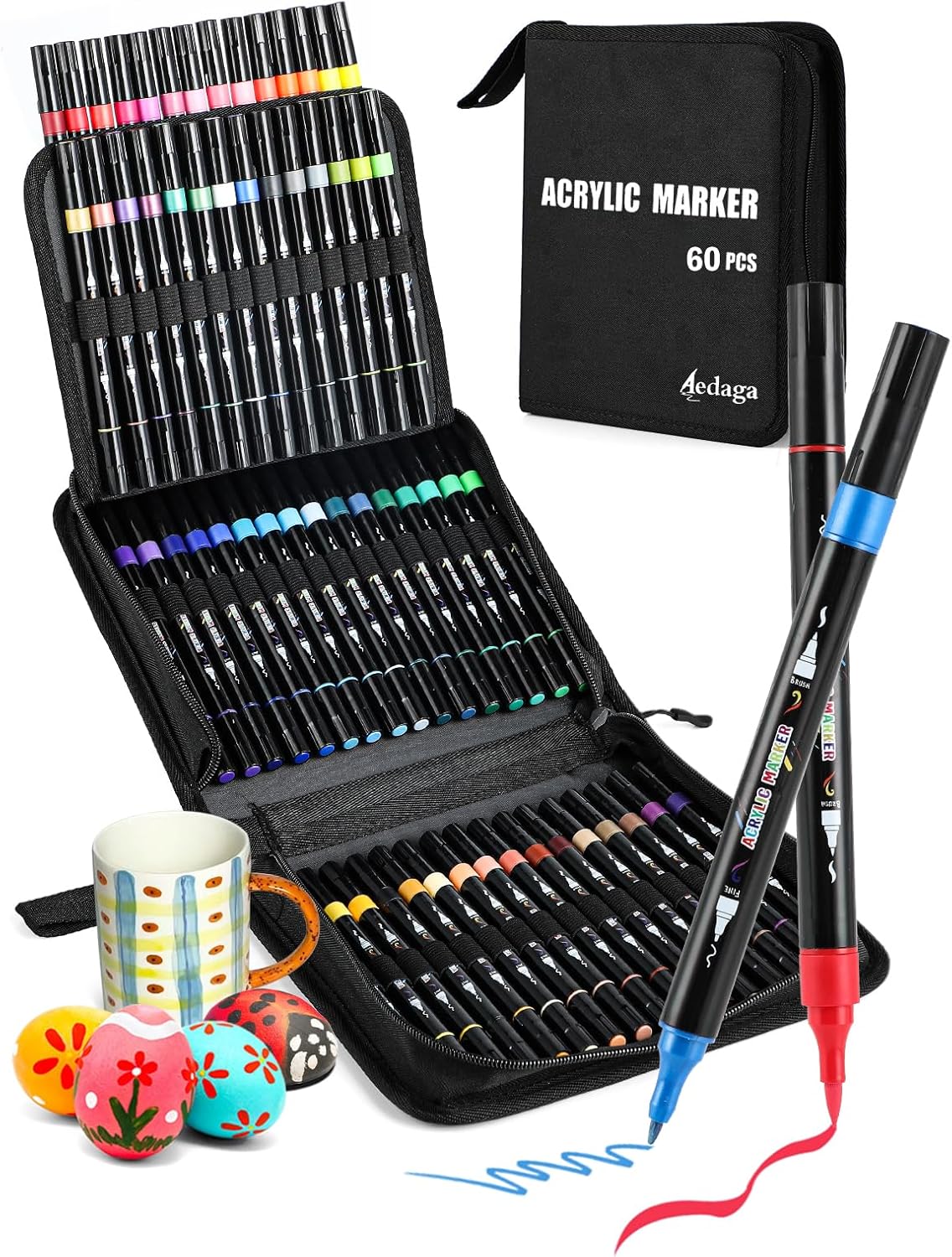 60 Colors Acrylic Paint Markers, Dual Tip Acrylic Paint Pens with Brush Tip and Fine Tip for for Adults, Kids, Eggs, Wood, Rock, Canvas, Plastic, Stone, Glass, Ceramic