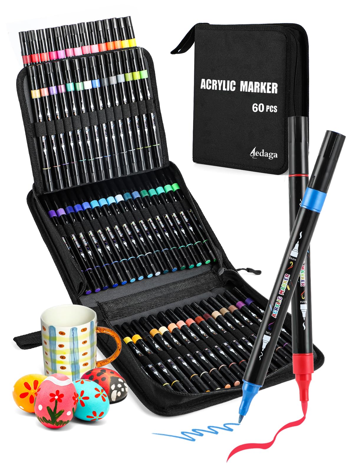 AEDAGA Set di 60 pennarelli acrilici con doppia punta | Versatili, impermeabili, non scoloriscono, forte copertura, pennarelli acrilici per tela, pietra, vetro, metallo, ceramica