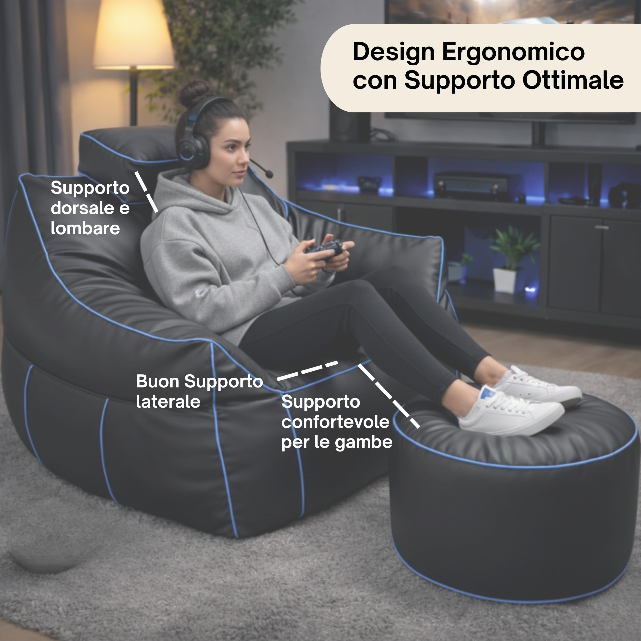 bananair - Set Pouf Poltrona Gaming XXL + Pouf rotondo - Comfort per relax e gaming - Poggiatesta regolabile, 2 tasche - Per divano, soggiorno e postazione gaming (110×100×90 cm, Blu)