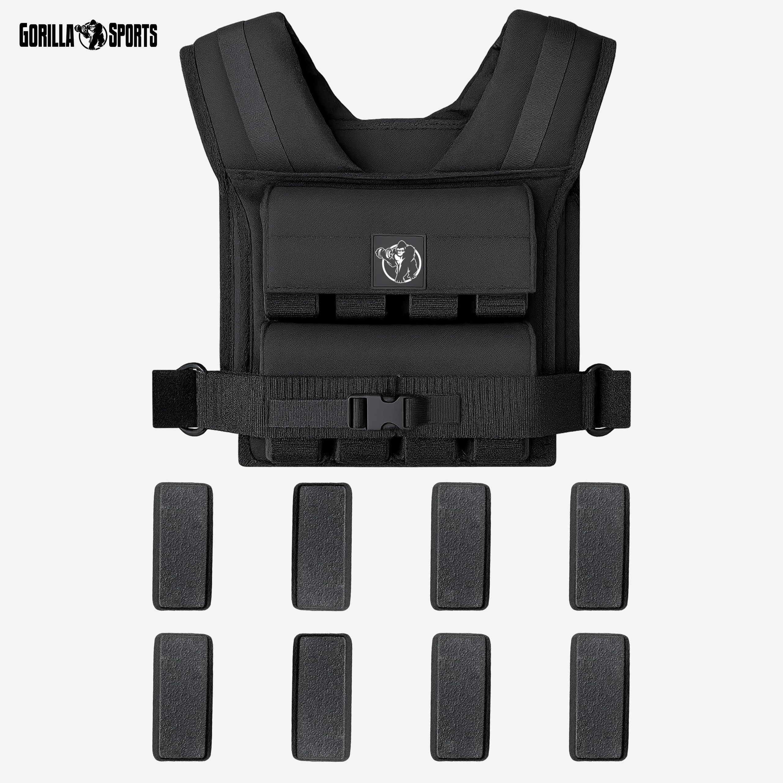 GORILLA SPORTS® Gewichtsweste - Verstellbar, 10/20/30 kg, Universalgröße, Eisen, TPE-Schaum, Nylon, Schwarz - Laufweste, Trainingsweste, Weighted Vest für Damen, Herren, Krafttraining
