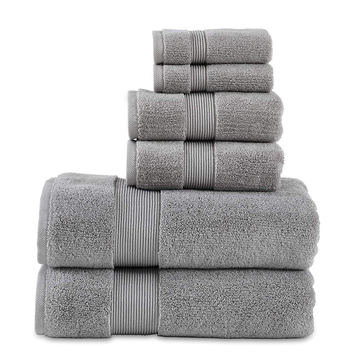 703 GSM 6 pc Towels Set, Luxury Hotel & Spa Quality, Highly Absorbent. 3 Different Sizes: 2 Bath 30" x 54", 2 Hand 16" x 28" and 2 Wash 12" x 12". Available in 5 Colors 6 piece set Grey BTP-4088 6P