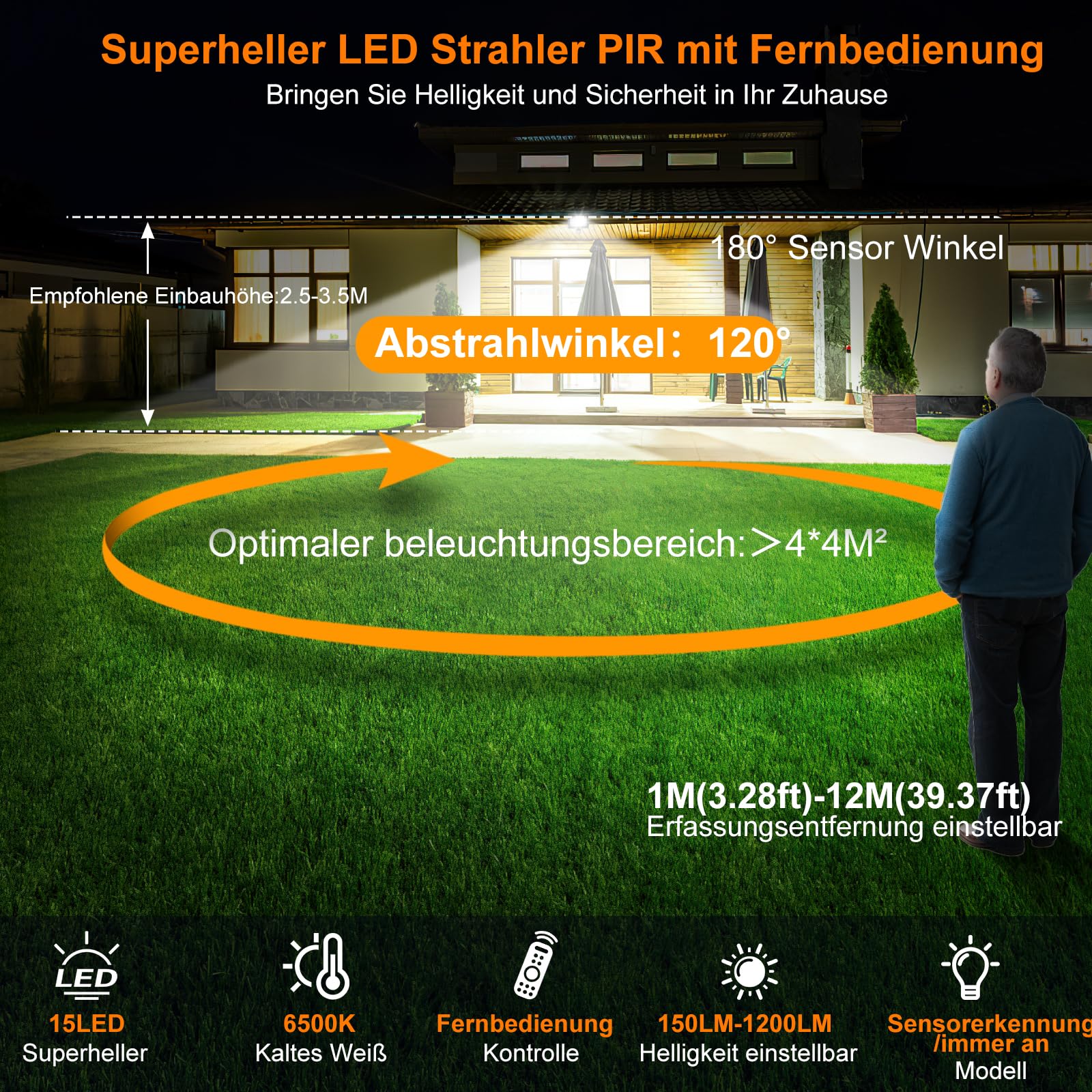 MEIKEE reflektor led z czujnikiem ruchu 15 W, 150lm-1200 lm, 6500 K, zimna biel, 3 tryby, 10 poziomów jasności, oświetlenie punktowe led Z pilotem, IP66 wodoodporny, reflektor do ogrodu garaż boisko