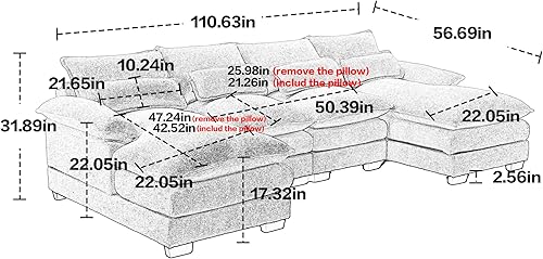 Miniatura 2 de Sofá modular tapizado de tela de chenilla de 110.63 pulgadas con tumbonas dobles y patas de madera maciza, sofá modular de gran tamaño en forma de U
