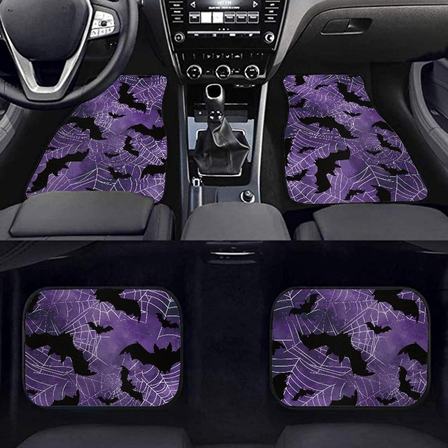 Floor Mats for Cars SUVs Trucks Full Set Front and Rear Car Mats Universal Fit Car Carpet Protector,Set of 4 Bats Spider Web Purple Print