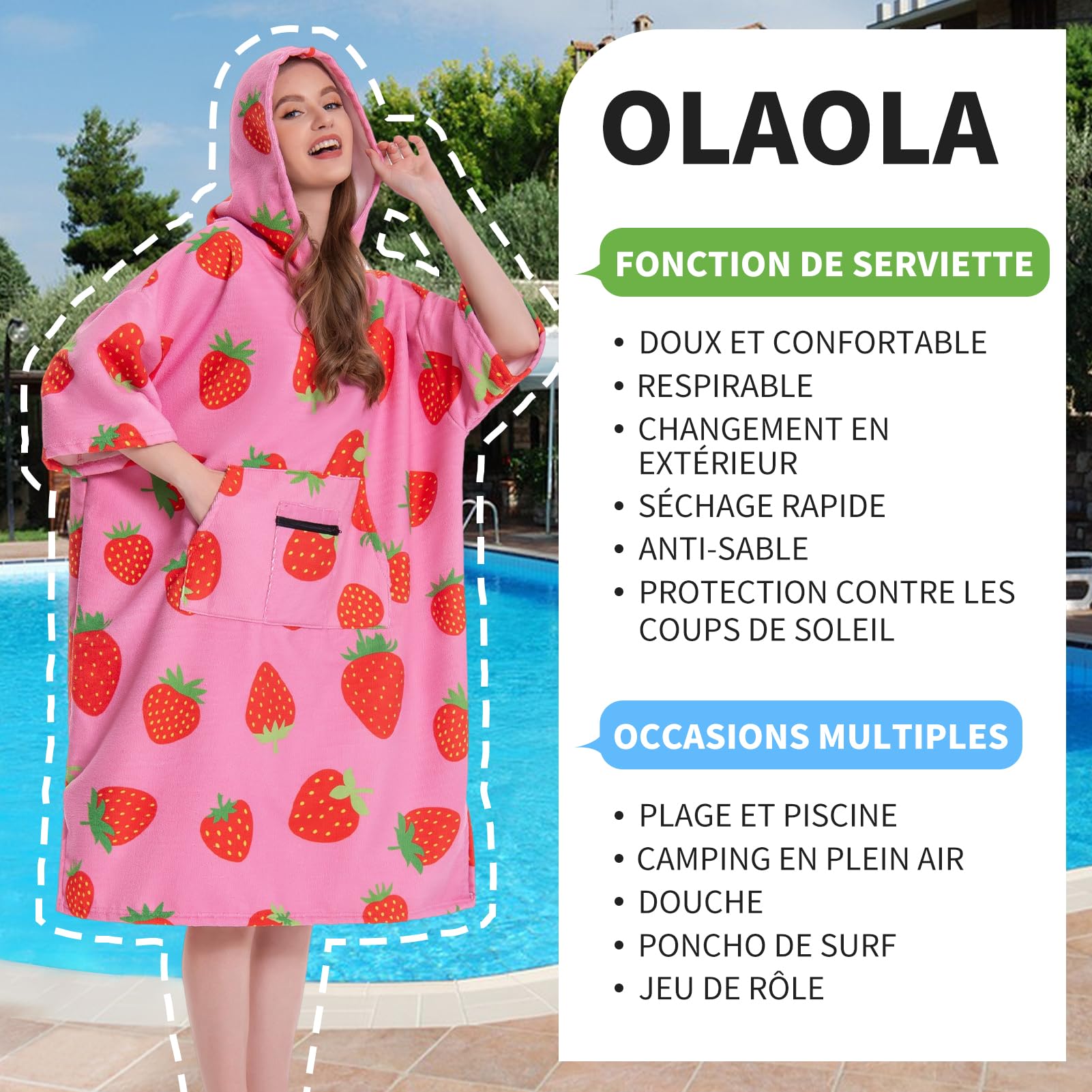 OLAOLA Poncho de Surf Adulte Serviette Bain Capuche Poche Séchage Rapide Plage Femmes Hommes