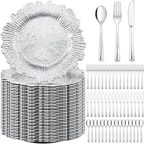 Rtteri Juego de 200 platos de carga, 50 platos de carga de arrecife floral de 13 pulgadas, cargadores de plástico mate con cubiertos de plástico, 50