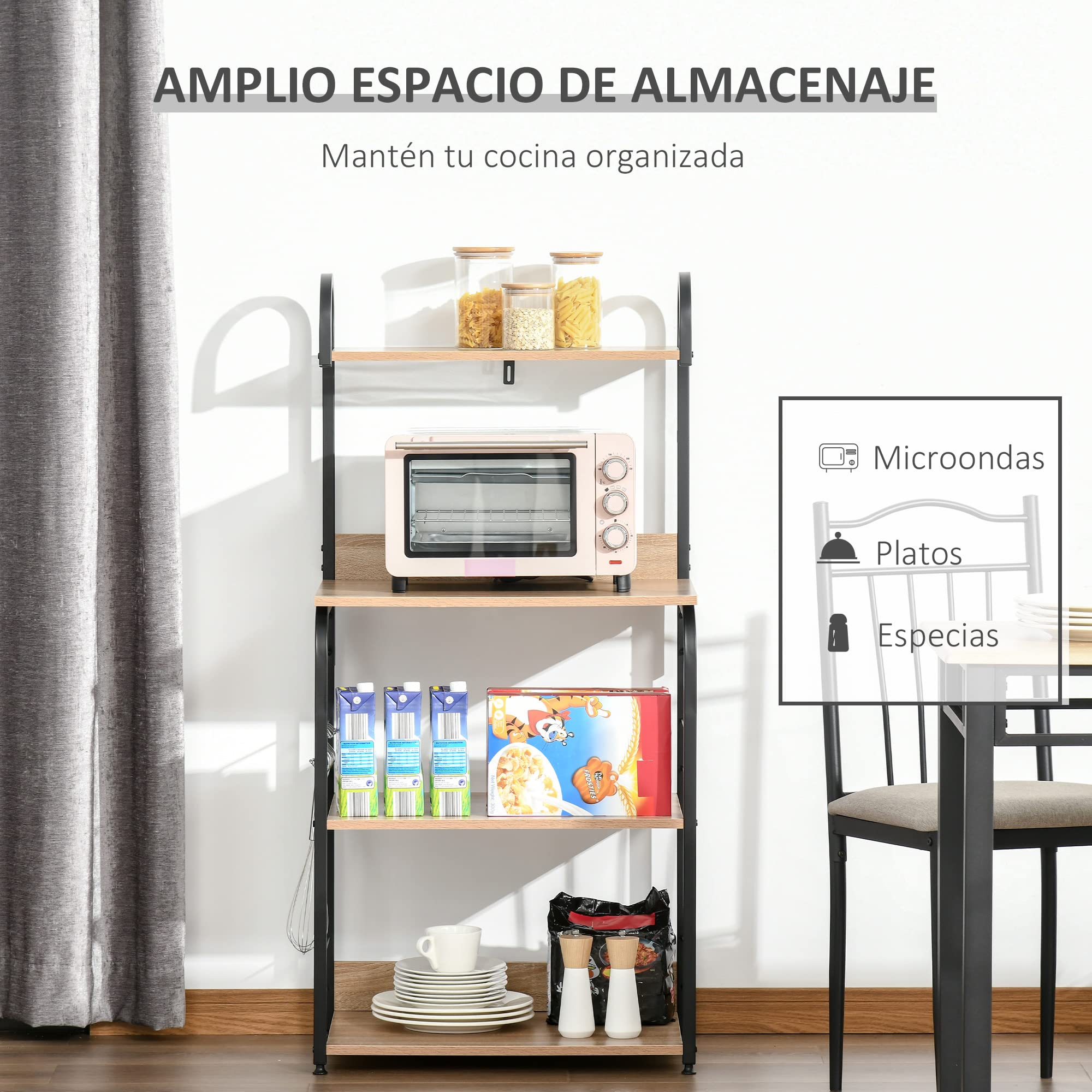 HOMCOM Estantería de Cocina de 4 Niveles Estante de Cocina con Ganchos Estantería para Microondas 60x40x125 cm Madera Natural