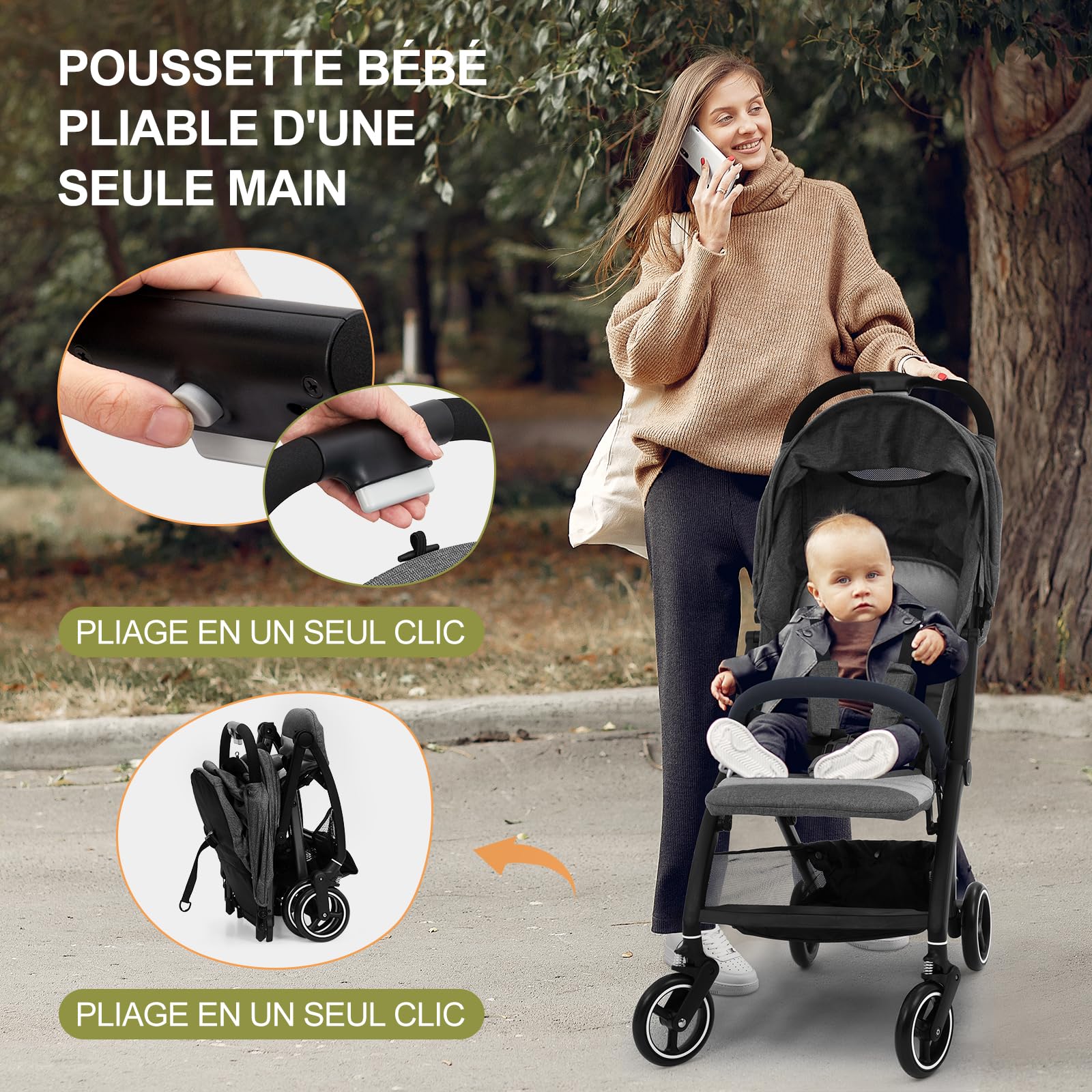 Sillas De Paseo Ultraligero, Silla Paseo Bebe Compacta Plegable Para Recién Nacidos Hasta 22 kg, Con Asiento Reversible y Ruedas De EVA，Plegable Con Una Sola Mano, Respaldo Ajustable