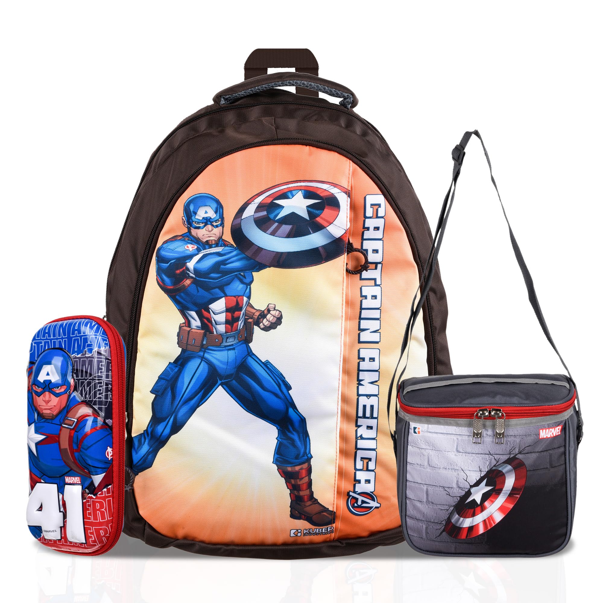 Kuber Industries Set of 3 School Bag-Lunch Bag & Geometry Box Combo Set | Kids & Childrens 3 in 1 School Bags Set | Marvel Captain America | Multicolor