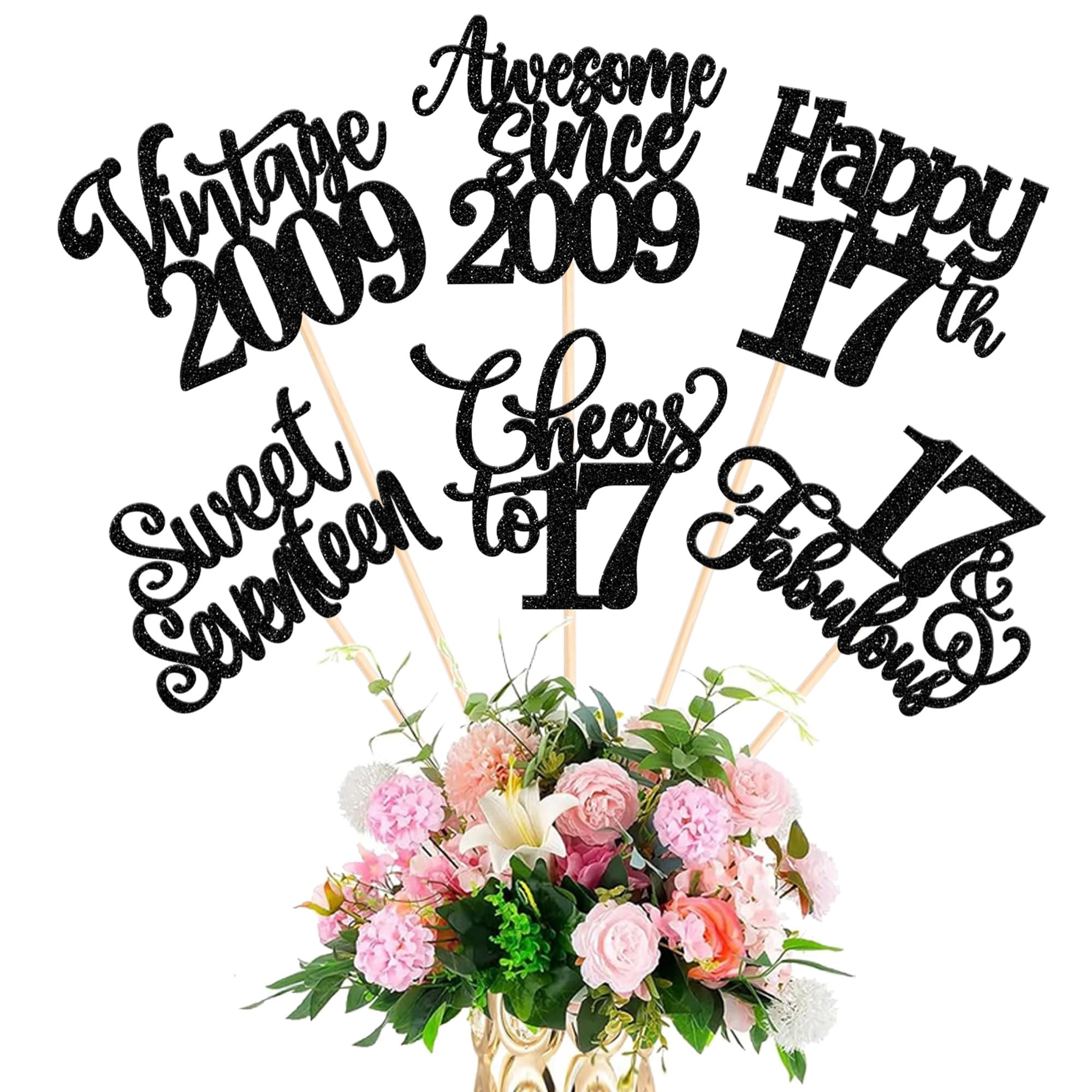 12 Stück Vintage 2009 Cake Toppers Happy 17th Seventeen Awesome Since 2009 Tortendeko 17 Fabulous Kuchen Deko für Prost auf 17 Jahre Geburtstag Hochzeitstag Party Kuchen Dekorationen Schwarz