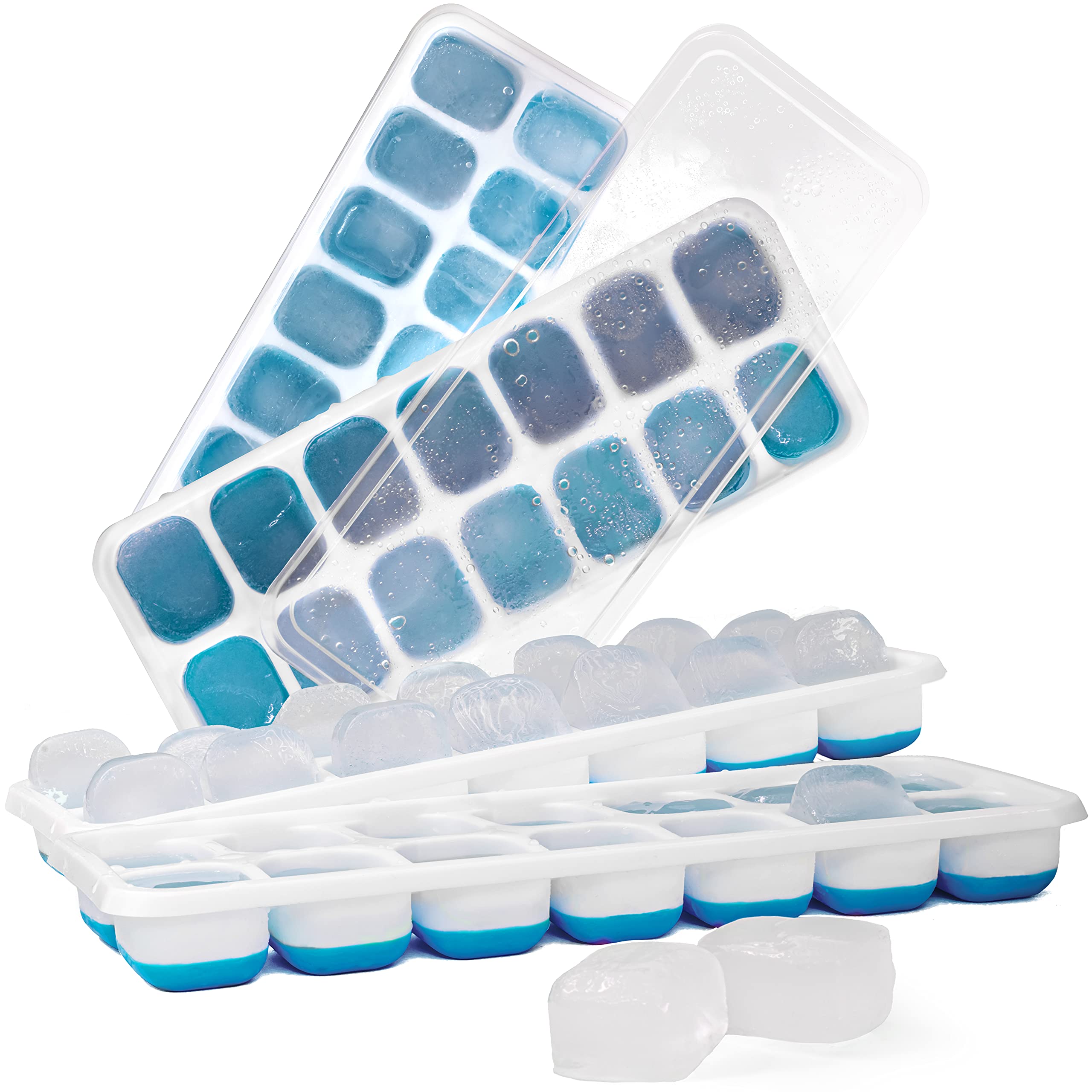 KEPLIN 4pk Silicone Ice Cube Trays with Non-Spill Lids, Easy to Remove Ice Cube Tray, LFGB Certified BPA Free, Flexible Silicone Ice Cube Moulds, Parties, Drinks, Cocktails & Frozen Liquids (4pk Blue)
