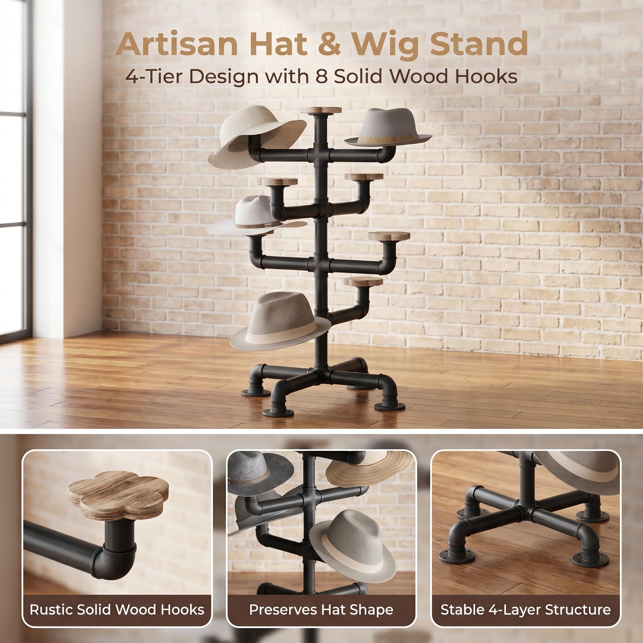 bimiti Soporte industrial de 4 niveles para sombreros de metal con 8 soportes de madera maciza quemada rústica para sombreros, gorras, perchas, soporte de pie, organizador de gorras de mesa para
