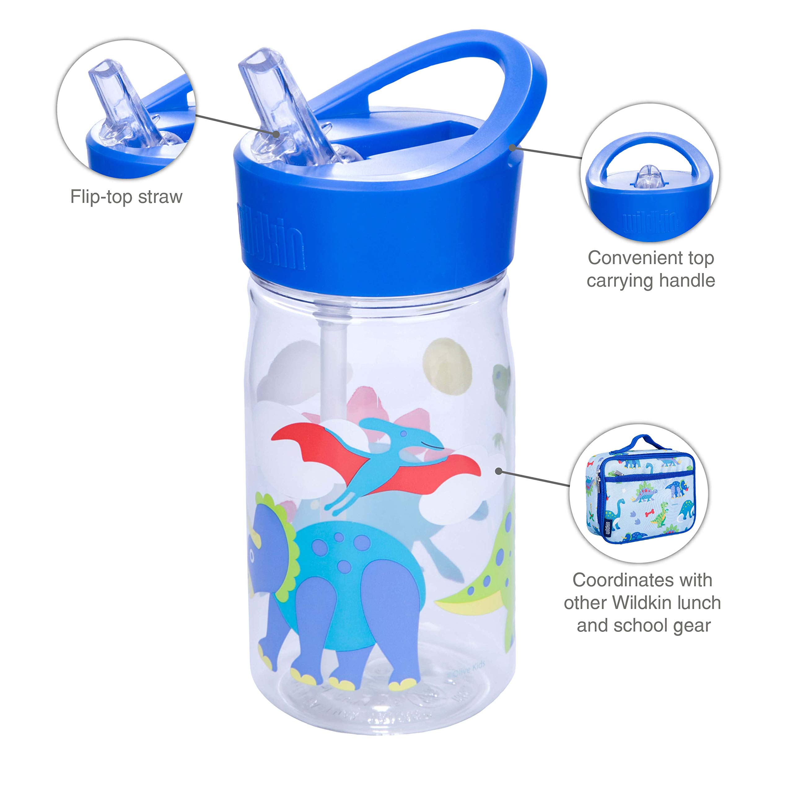 Wildkin Kids 16oz Water Bottle - BPA-Free Tritan, Leak-Proof With Flip-Top Straw, Trains Planes Trucks Design