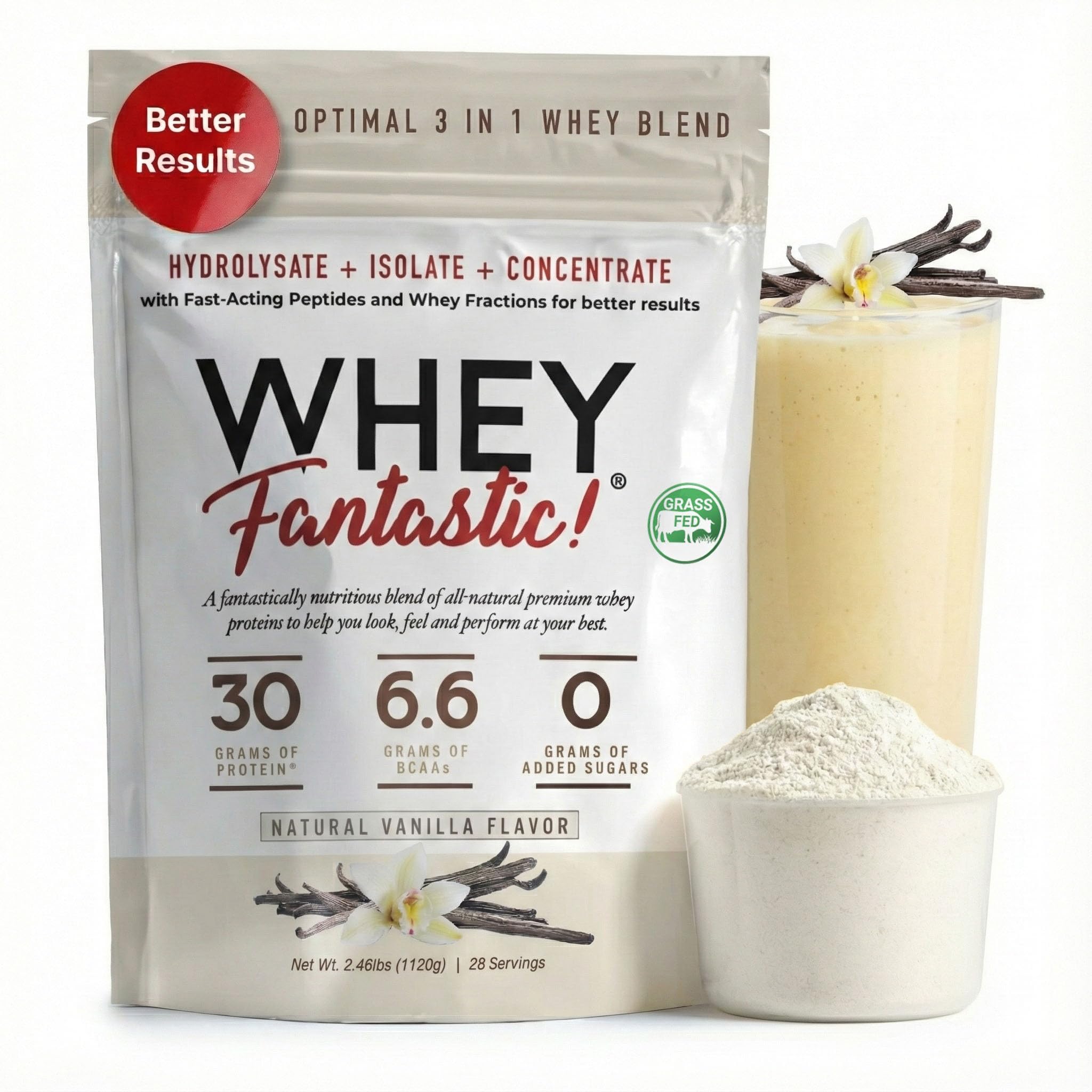 3-in-1 Vanilla Whey Protein Powder 2.46lb – 30g Grass-Fed Whey Protein from Hydrolysate, Isolate & Concentrate – Naturally Flavored, Non-GMO, Soy-Free – 28 Servings
