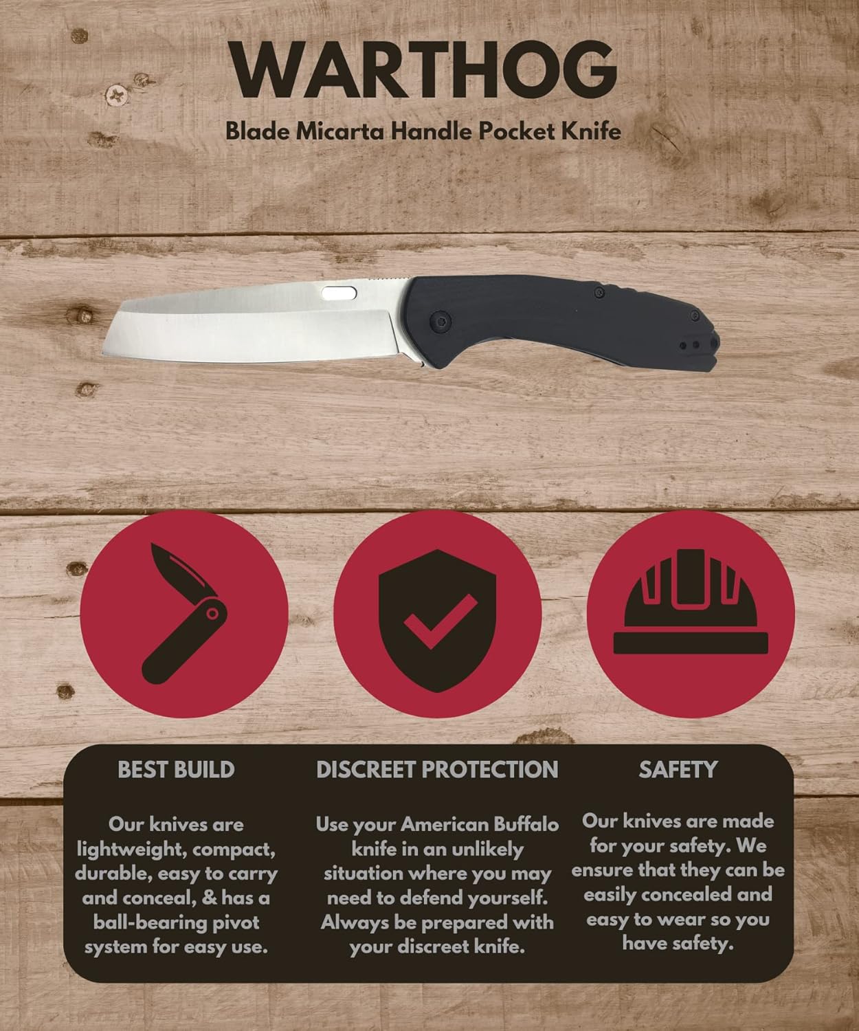 ABKT Warthog Linerlock Black Pocket Knife – Wharncliffe Blade, Micarta Handle – Everyday Carry Knife